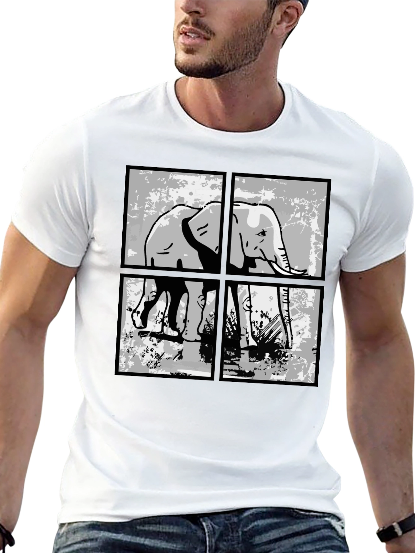 Elephant Grid Graphic T-Shirt - Black