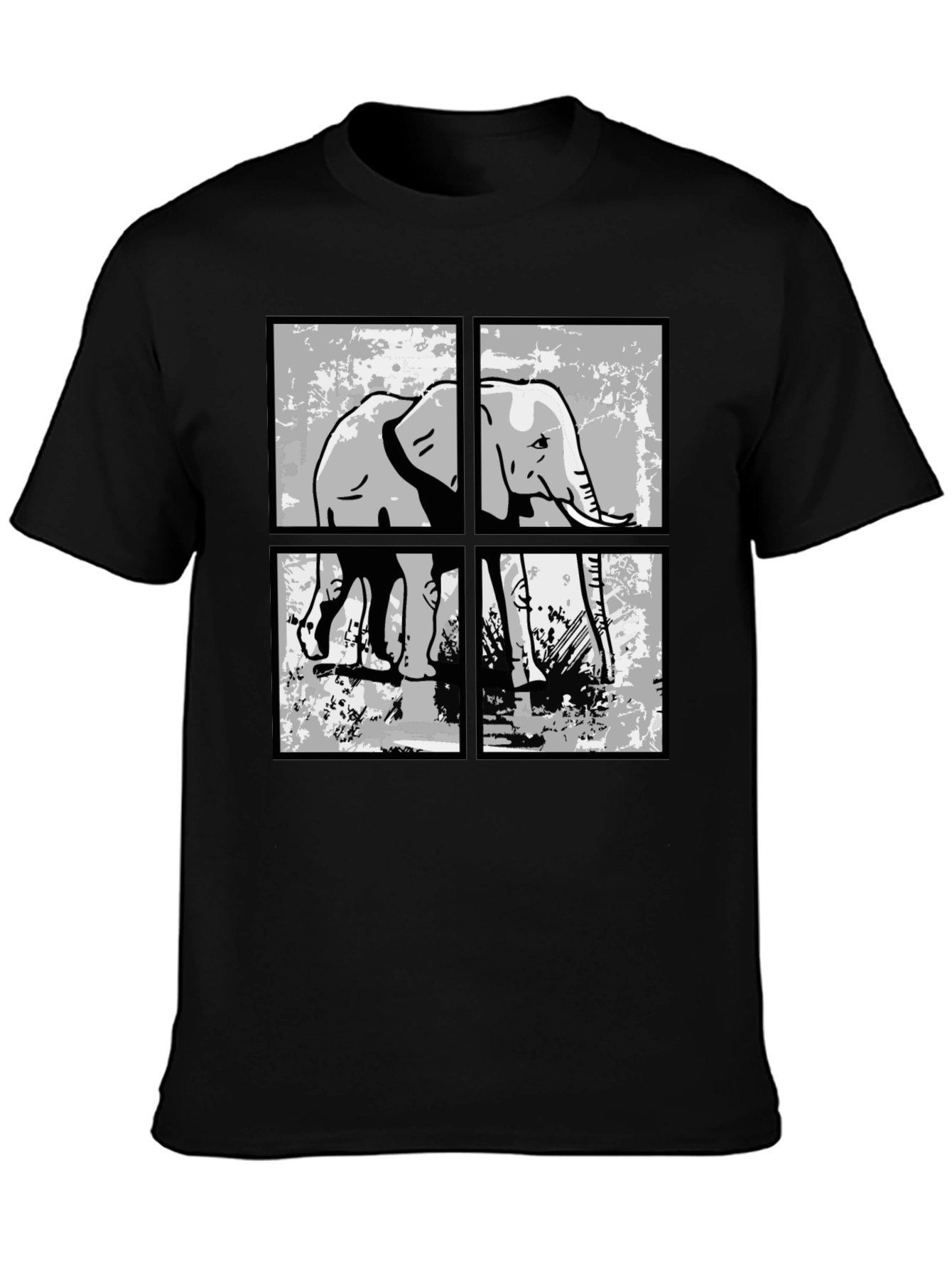 Elephant Grid Graphic T-Shirt - Black