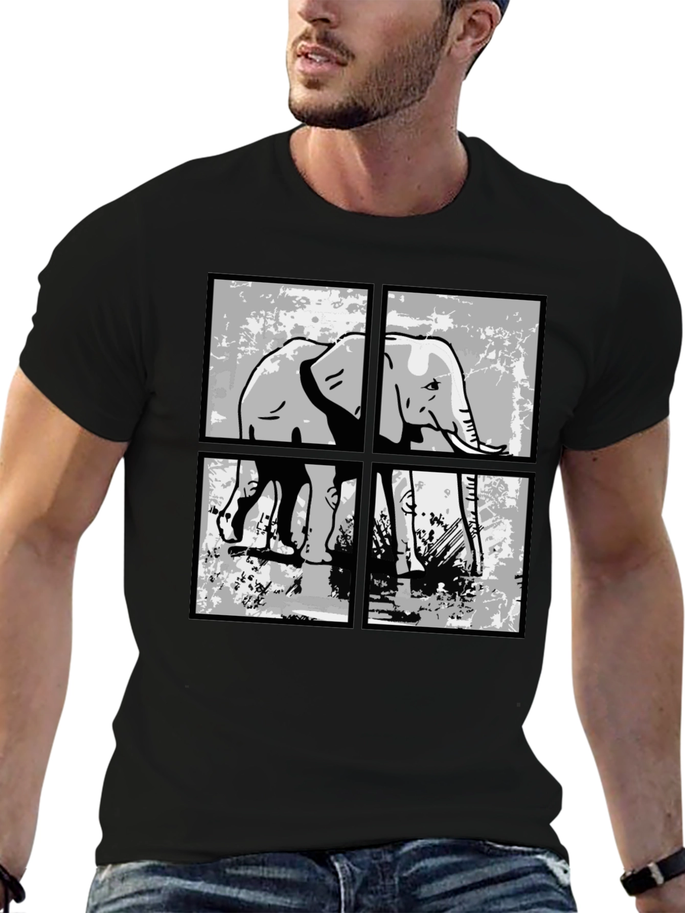 Elephant Grid Graphic T-Shirt - Black