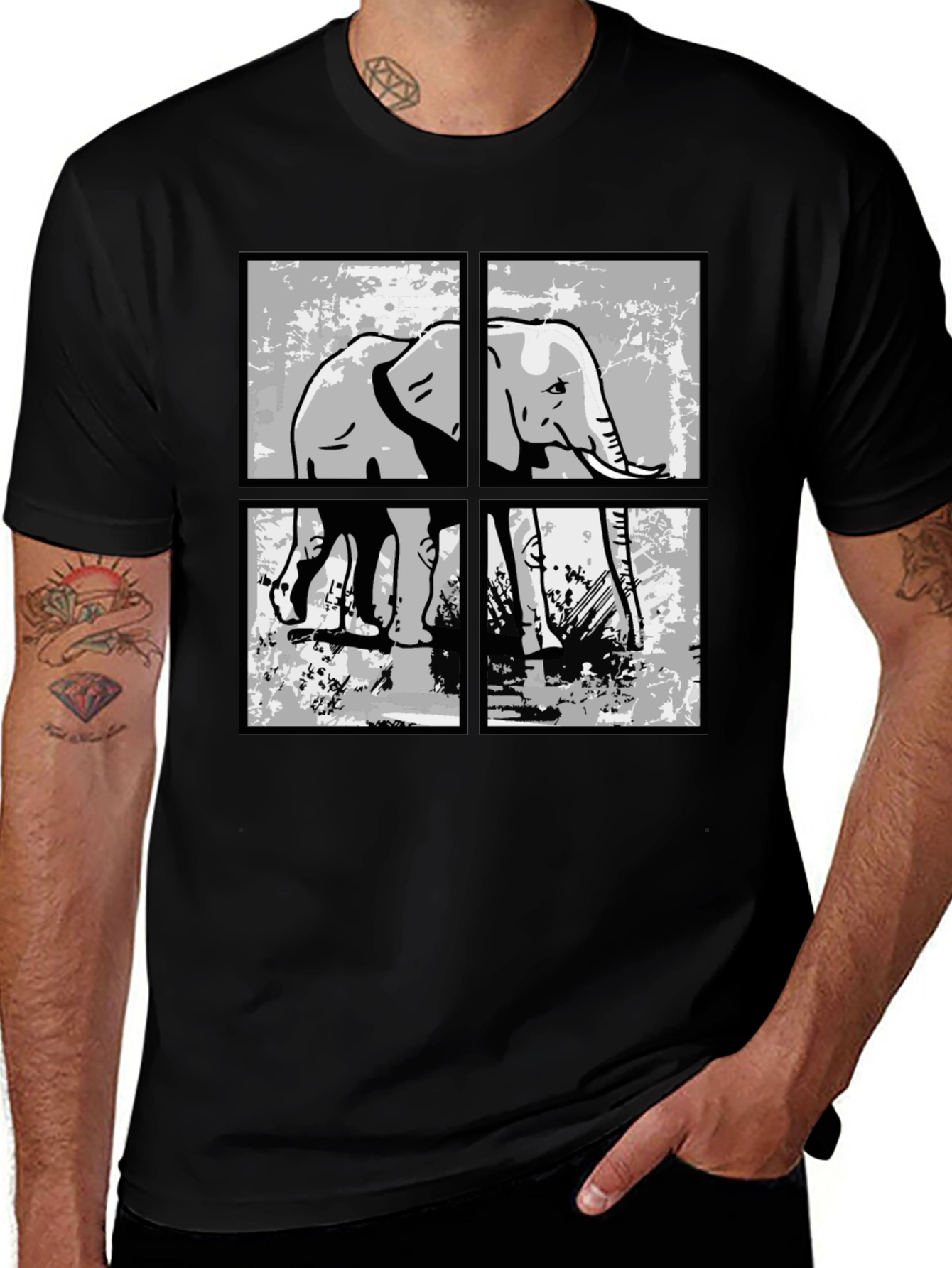 Elephant Grid Graphic T-Shirt - Black
