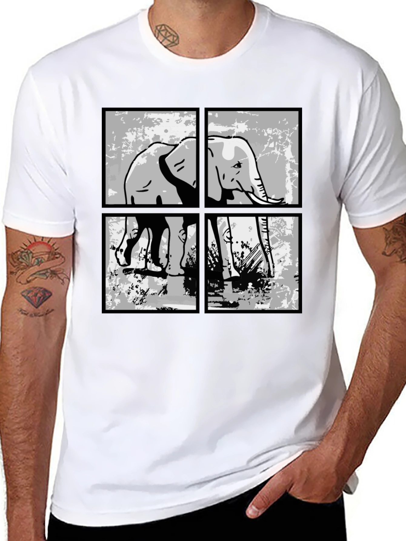 Elephant Grid Graphic T-Shirt - Black