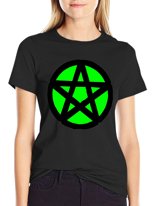 Black T-Shirt with Green Star Pentagram Graphic Print