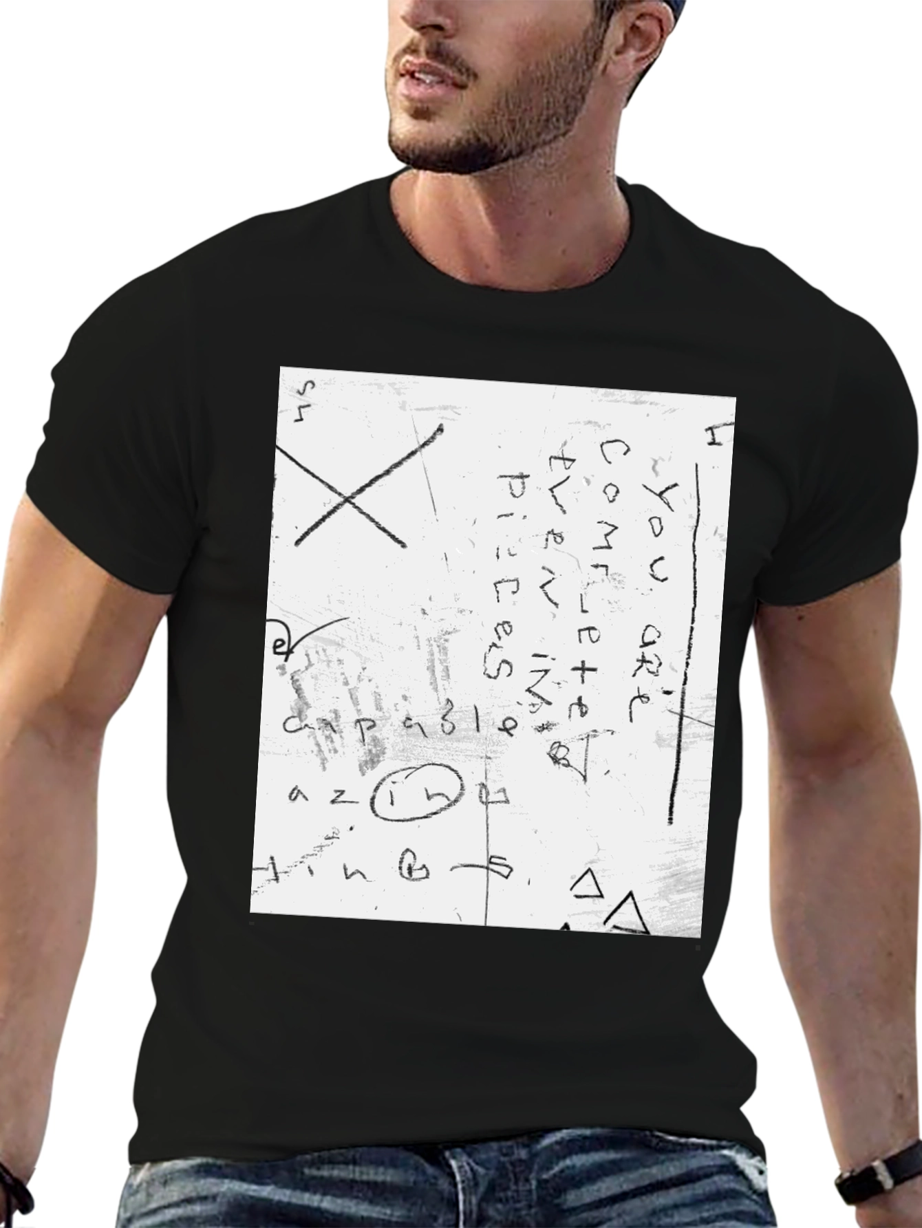 Mens Black T-Shirt with Handwritten Text Design