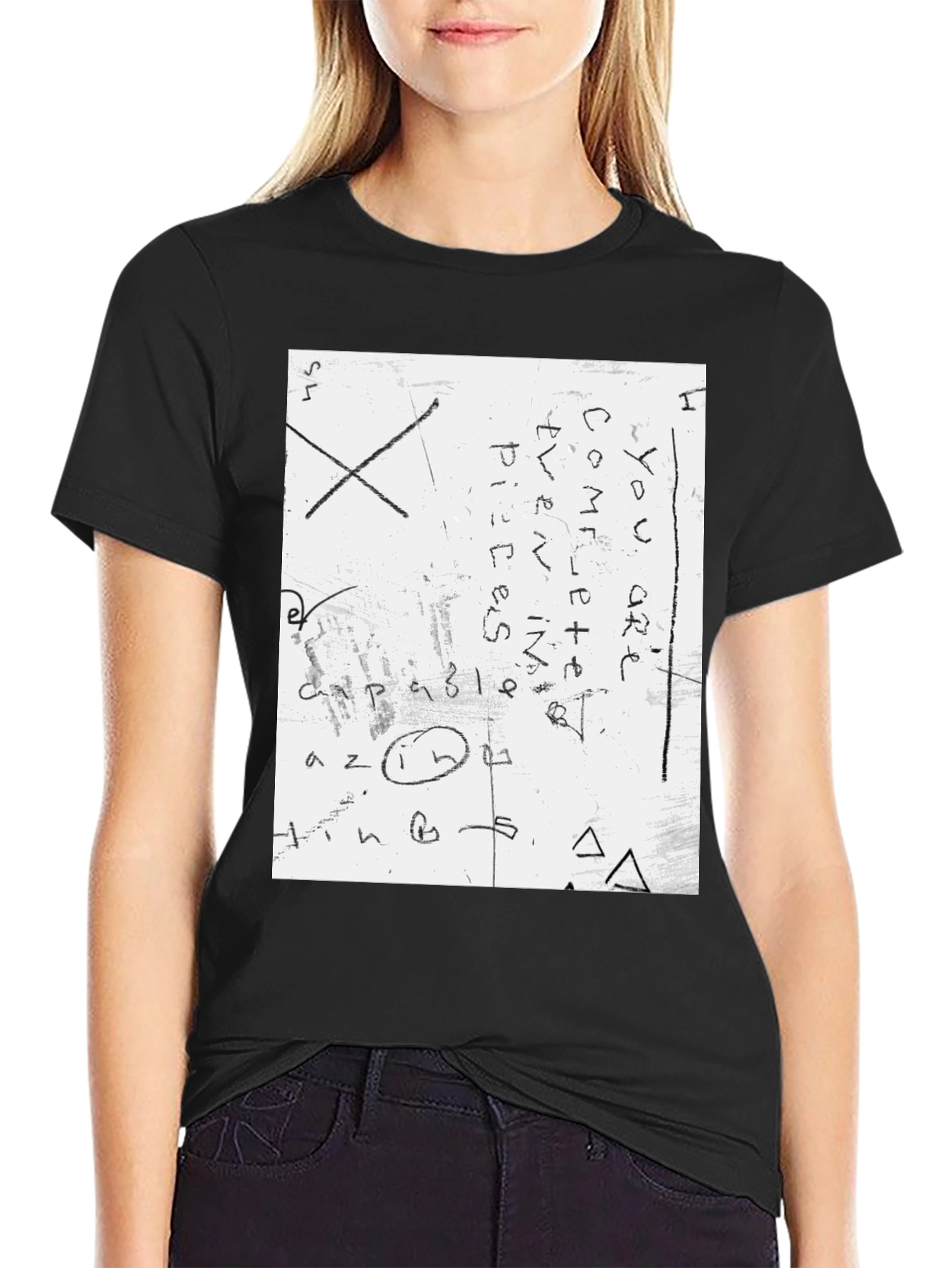 Mens Black T-Shirt with Handwritten Text Design