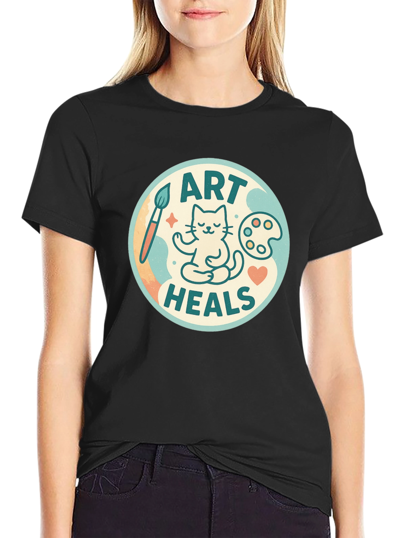 Art Heals Black Tee - Painter Cat Meditation