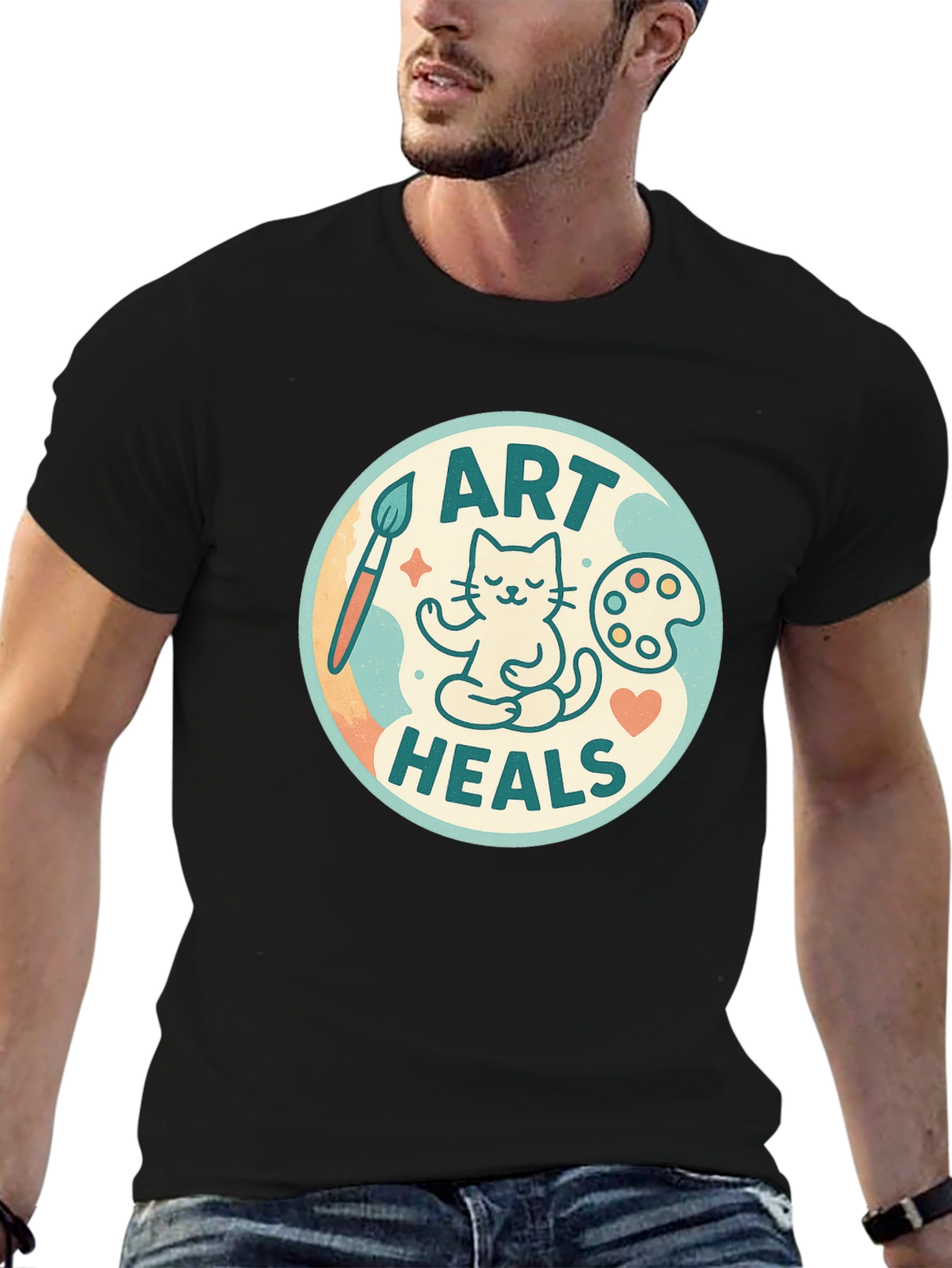 Art Heals Black Tee - Painter Cat Meditation