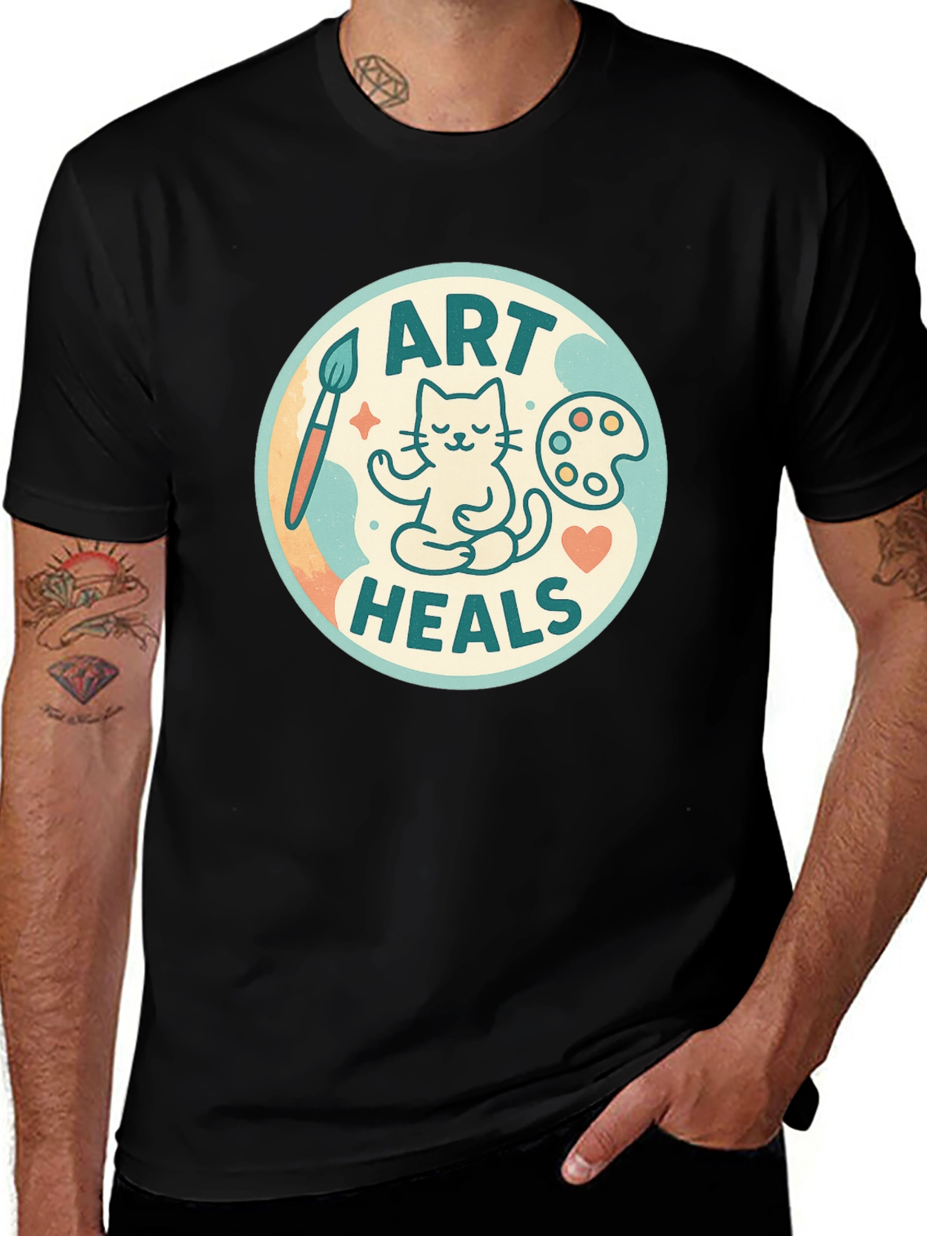 Art Heals Black Tee - Painter Cat Meditation