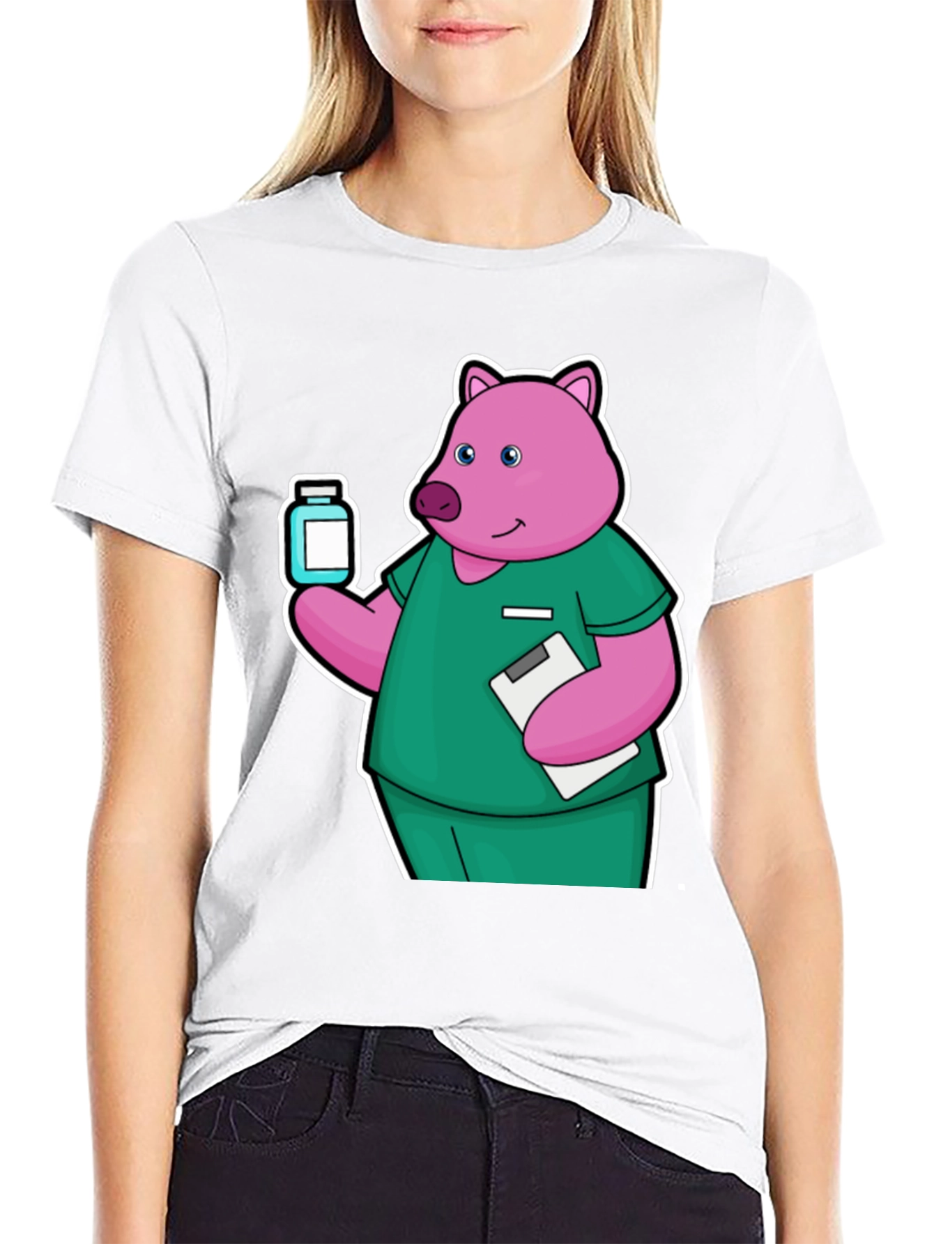 Nurse Pig Cartoon Graphic T-Shirt