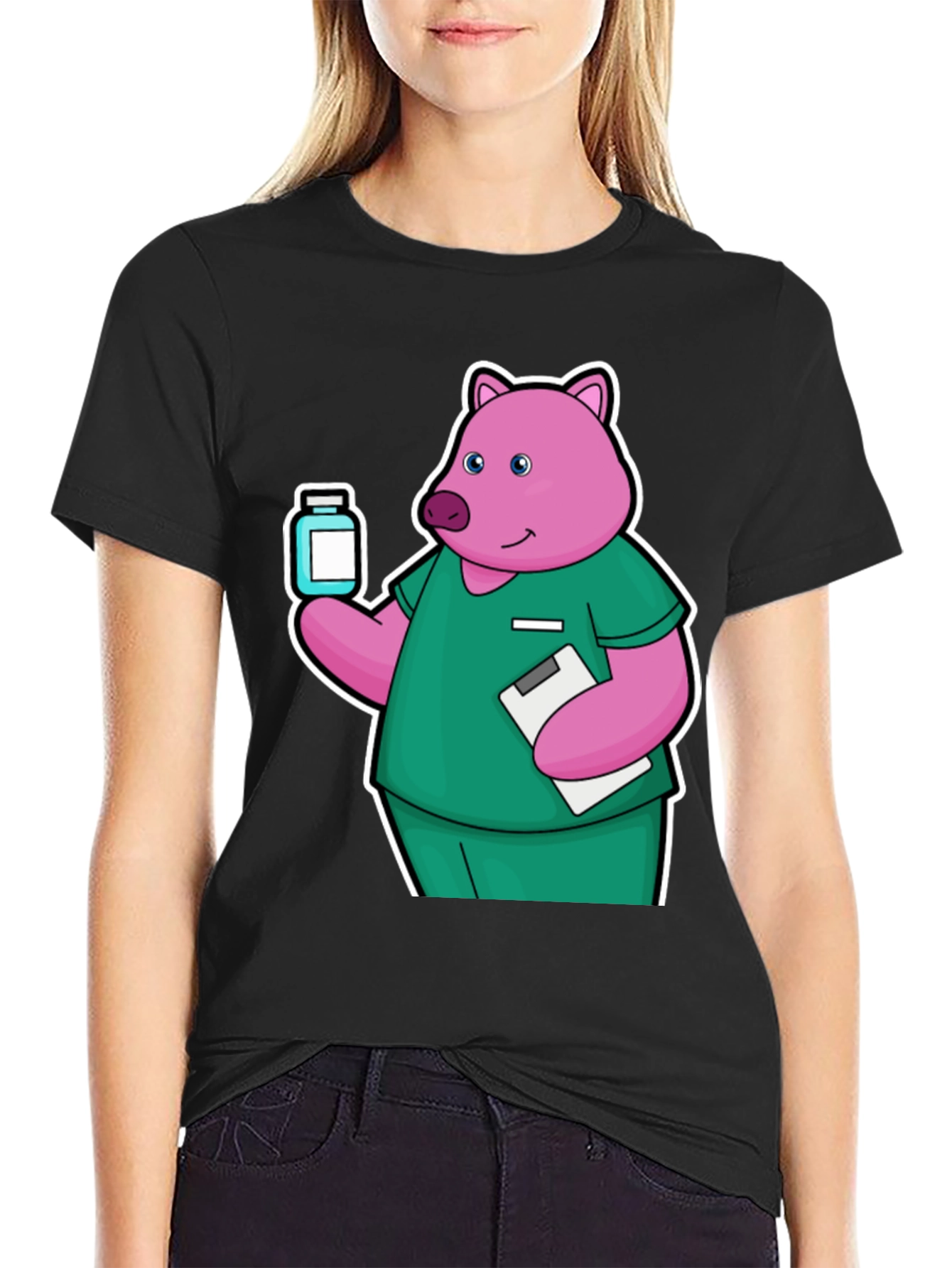 Nurse Pig Cartoon Graphic T-Shirt
