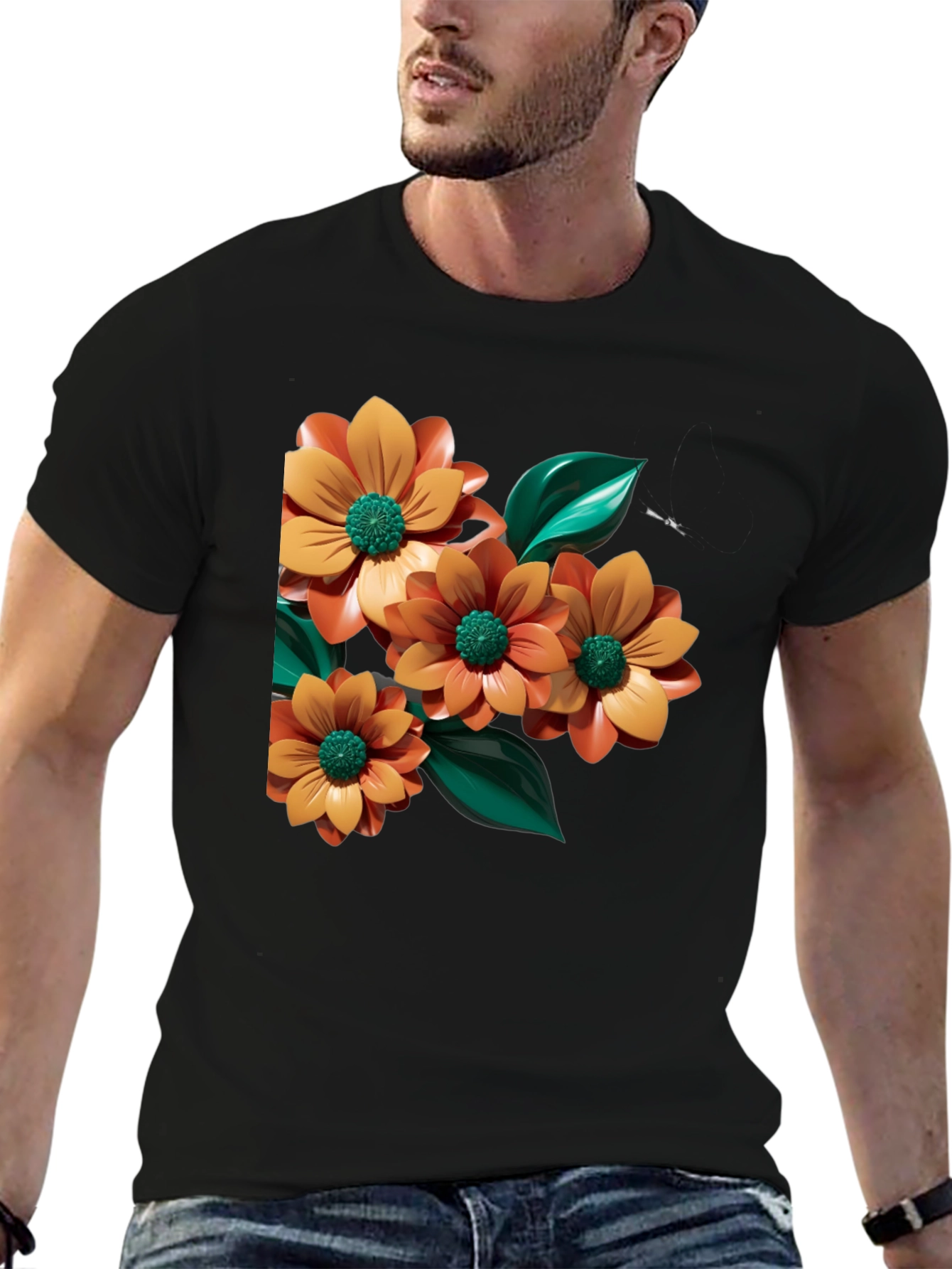 Floral Graphic Print Black Tee