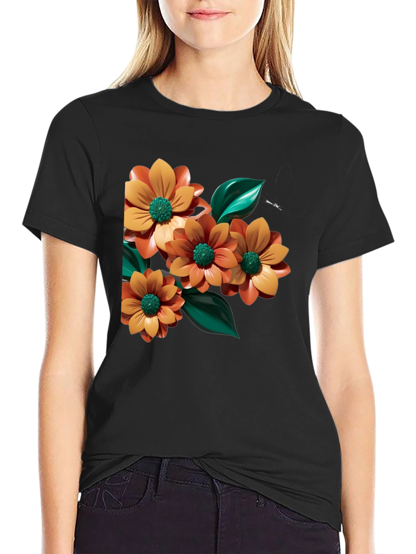 Floral Graphic Print Black Tee