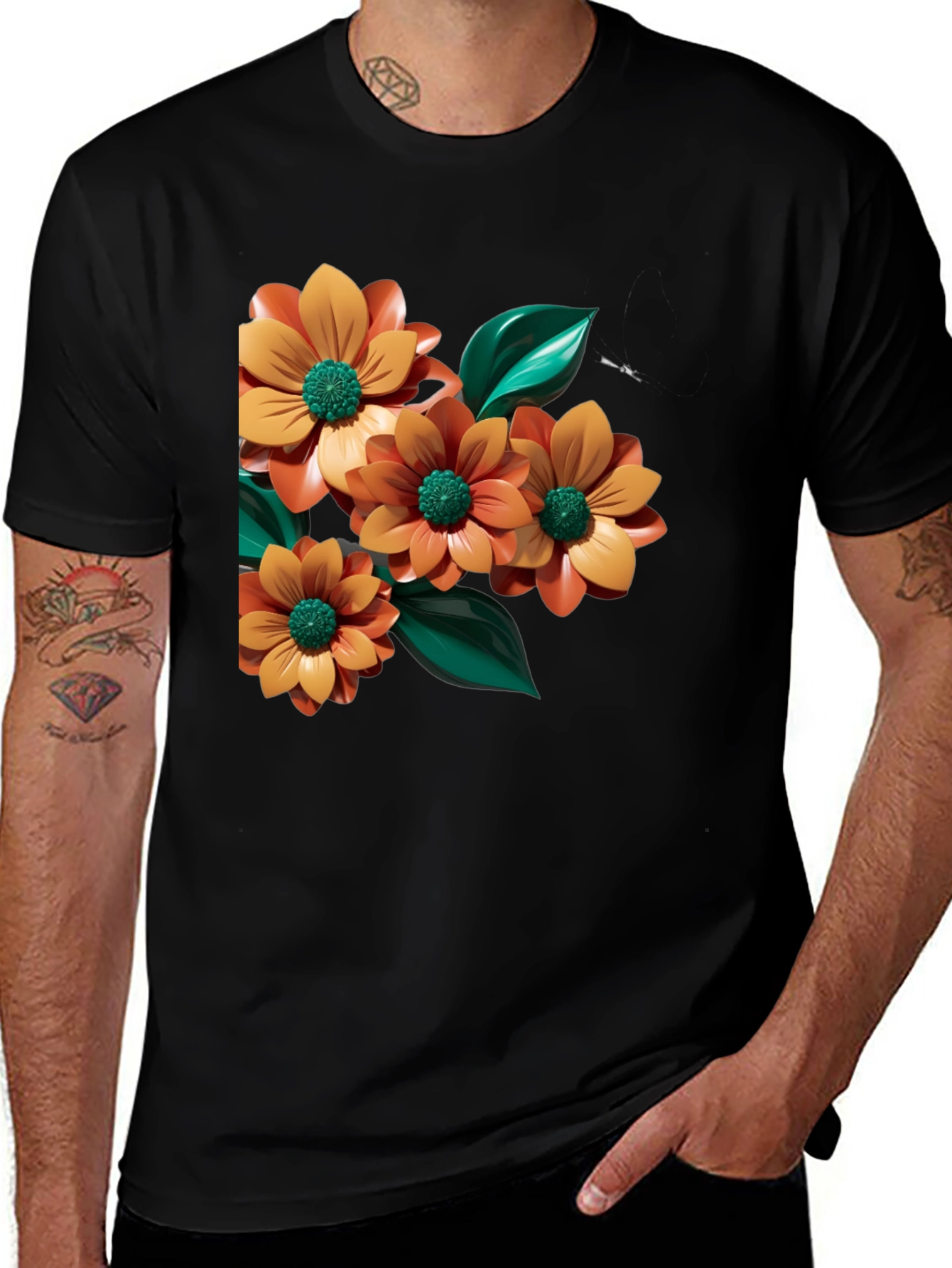Floral Graphic Print Black Tee