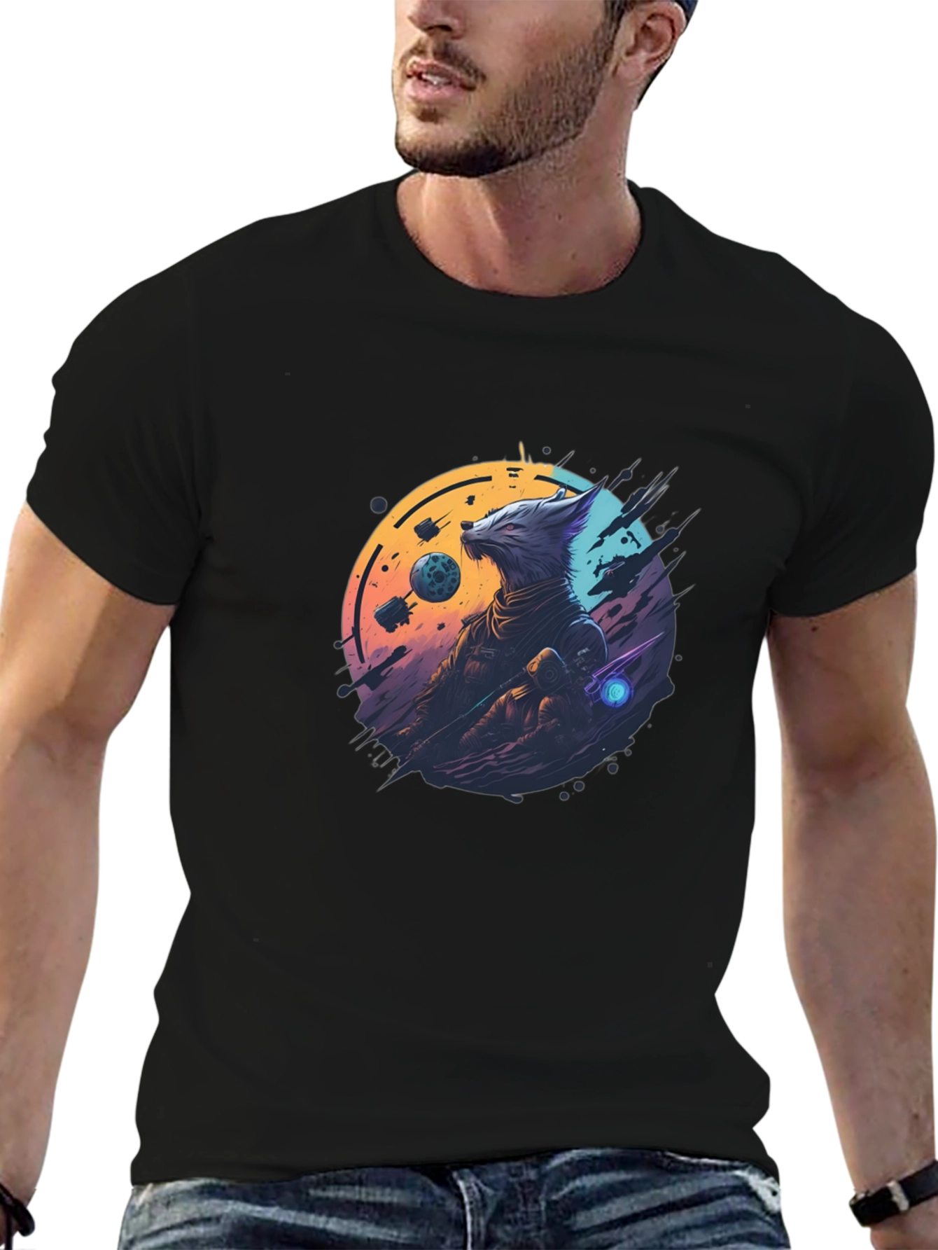 Sci-Fi Wolf Graphic T-Shirt - Cosmic Canine