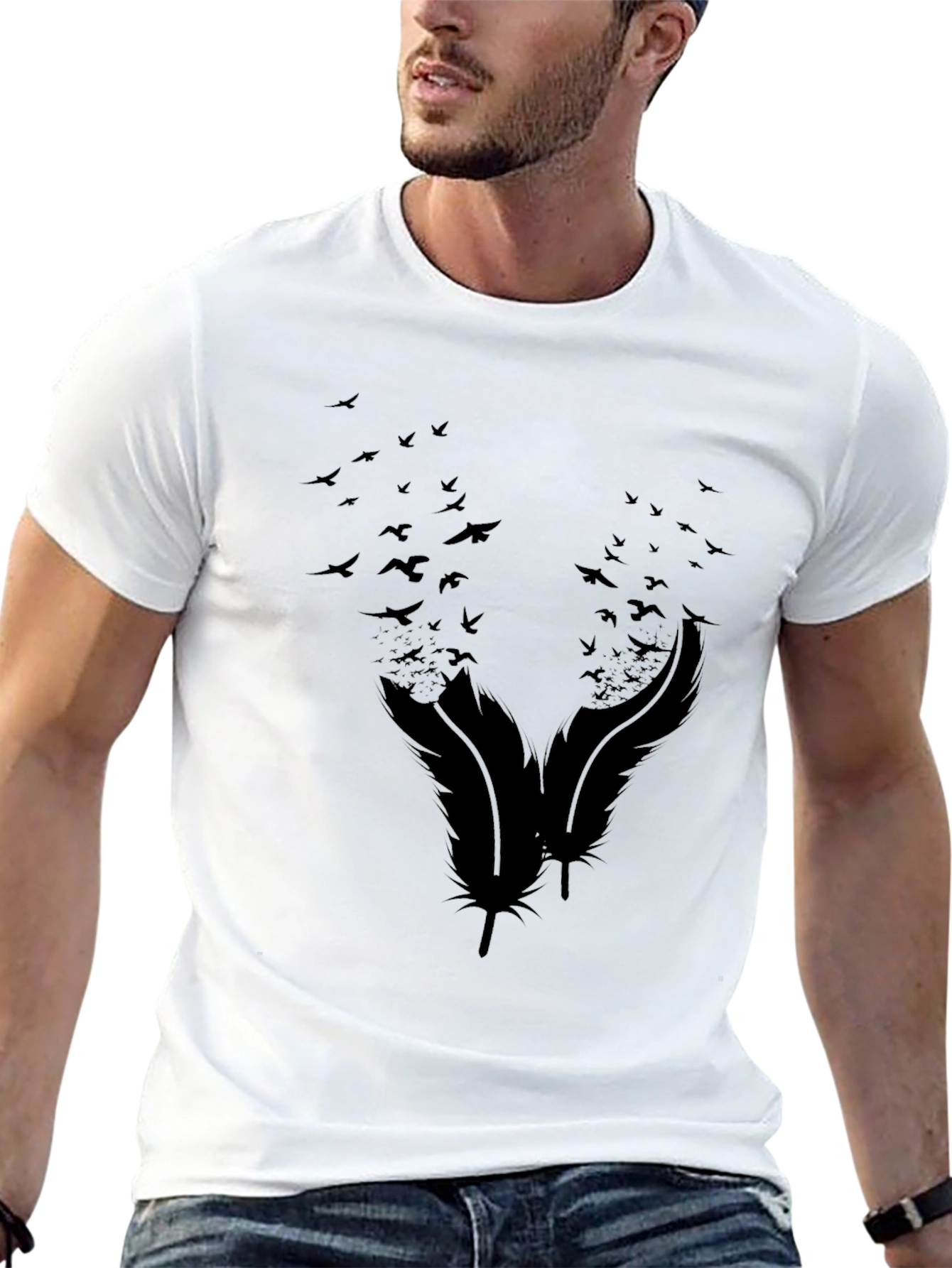 Mens Black Feather & Birds Graphic Tee