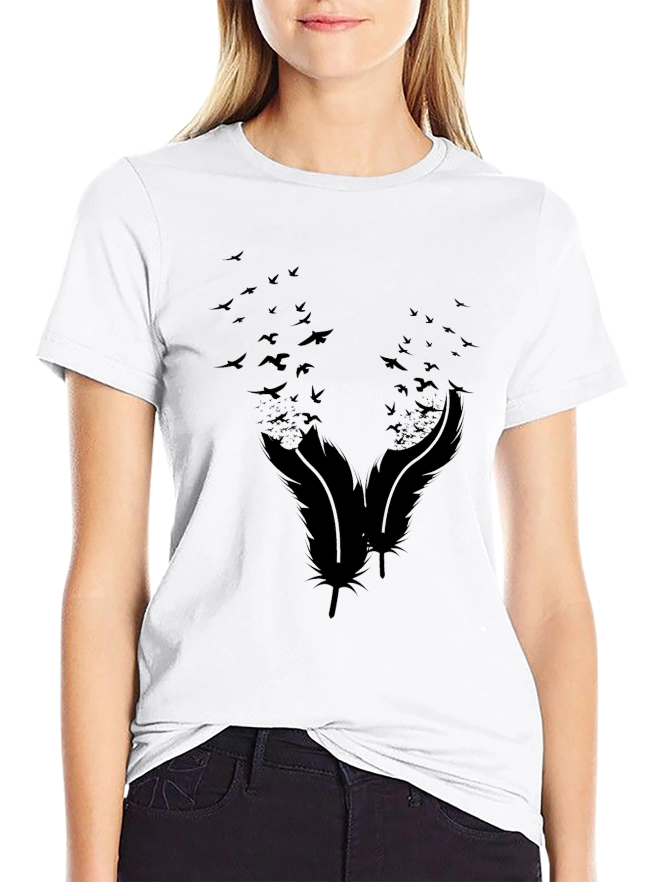 Mens Black Feather & Birds Graphic Tee