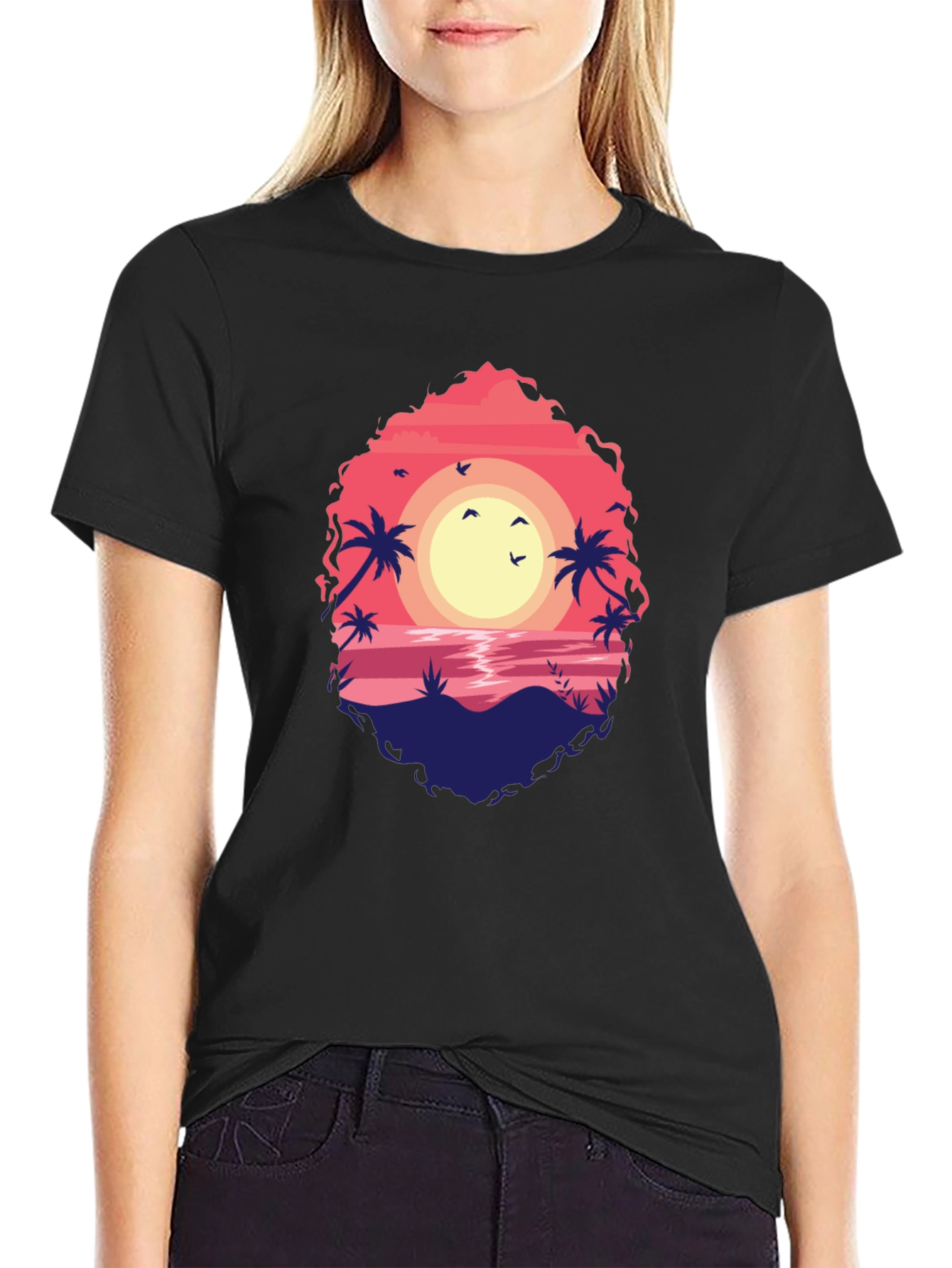 Sunset Beach Graphic Tee - Soft Black T-Shirt