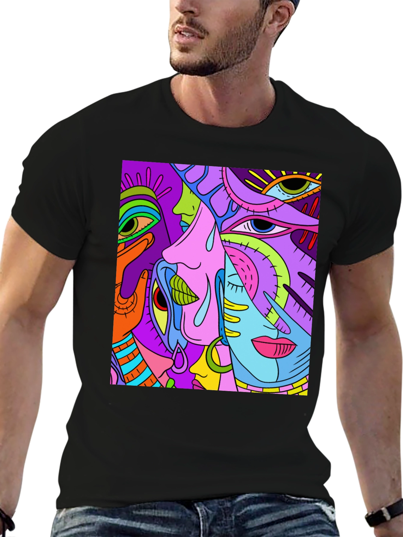 Abstract Faces Graphic Tee - Unisex Black T-Shirt