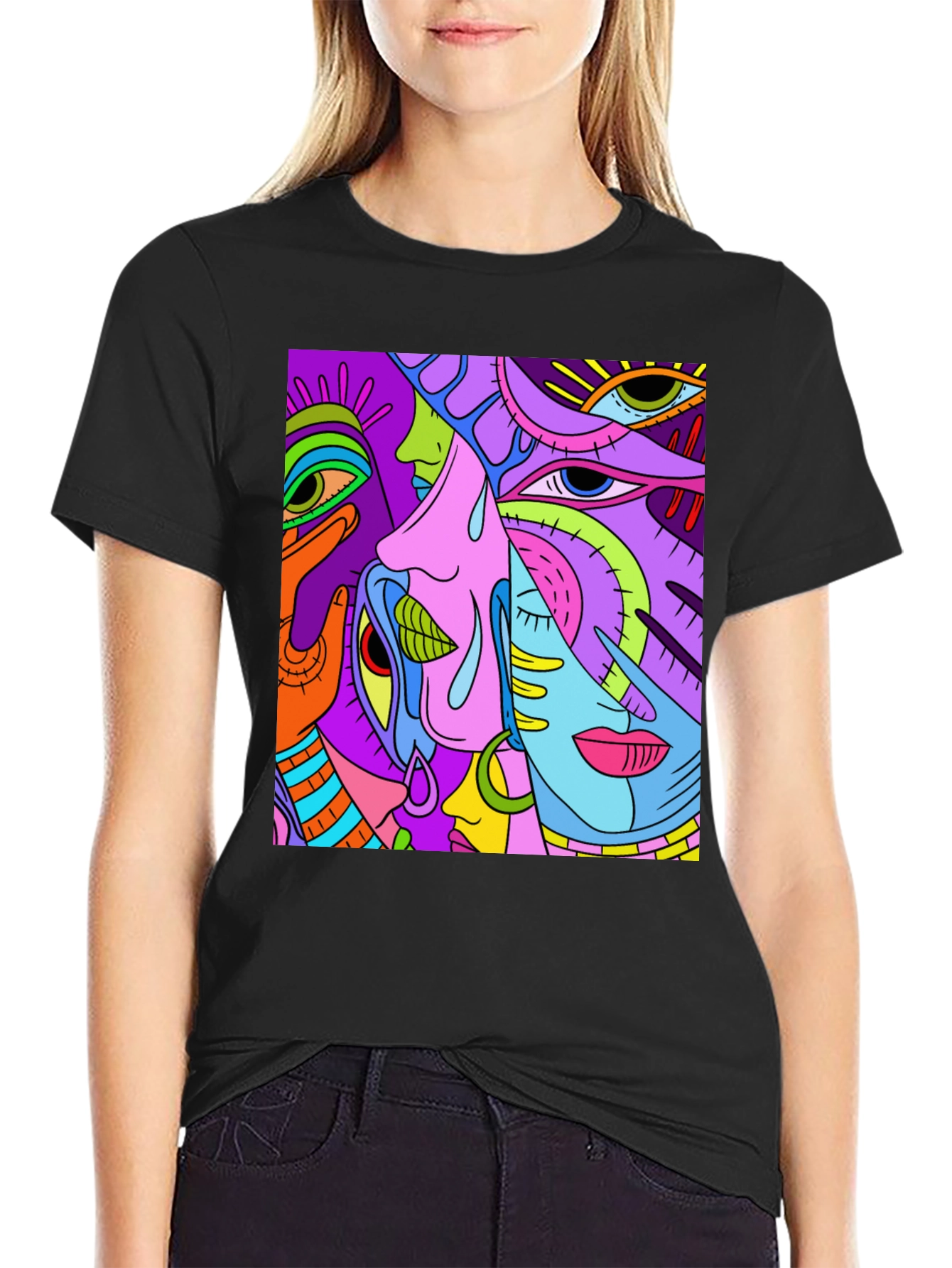 Abstract Faces Graphic Tee - Unisex Black T-Shirt