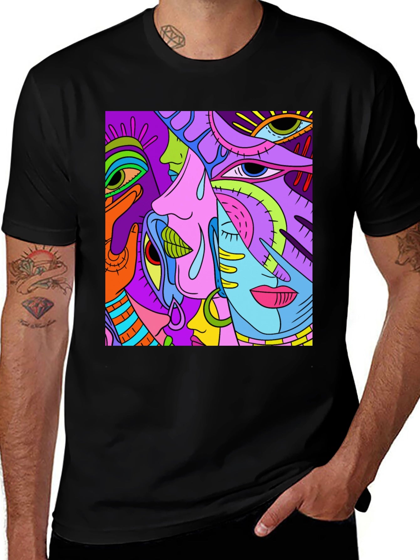 Abstract Faces Graphic Tee - Unisex Black T-Shirt