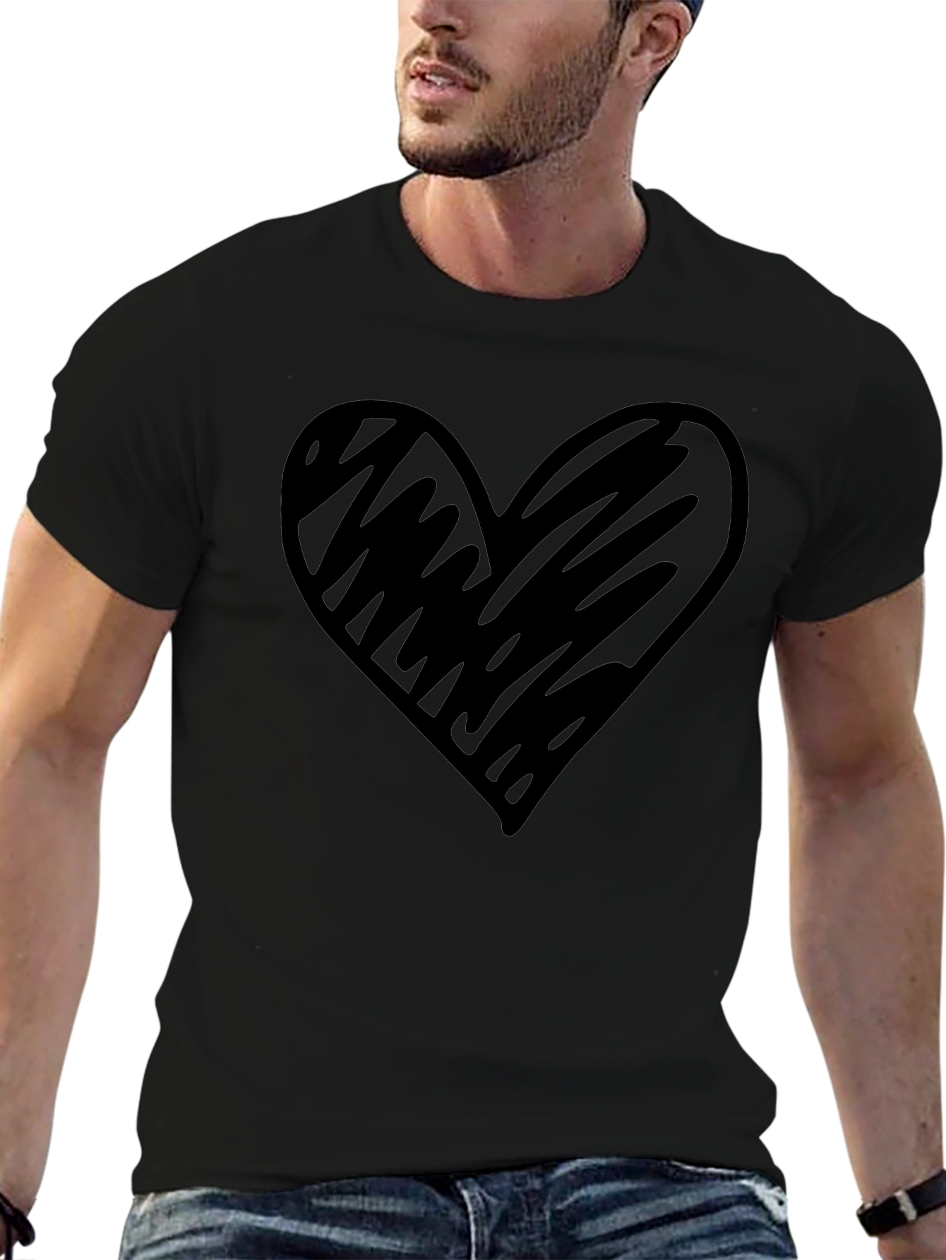 Mens Black T-Shirt with Heart Graphic