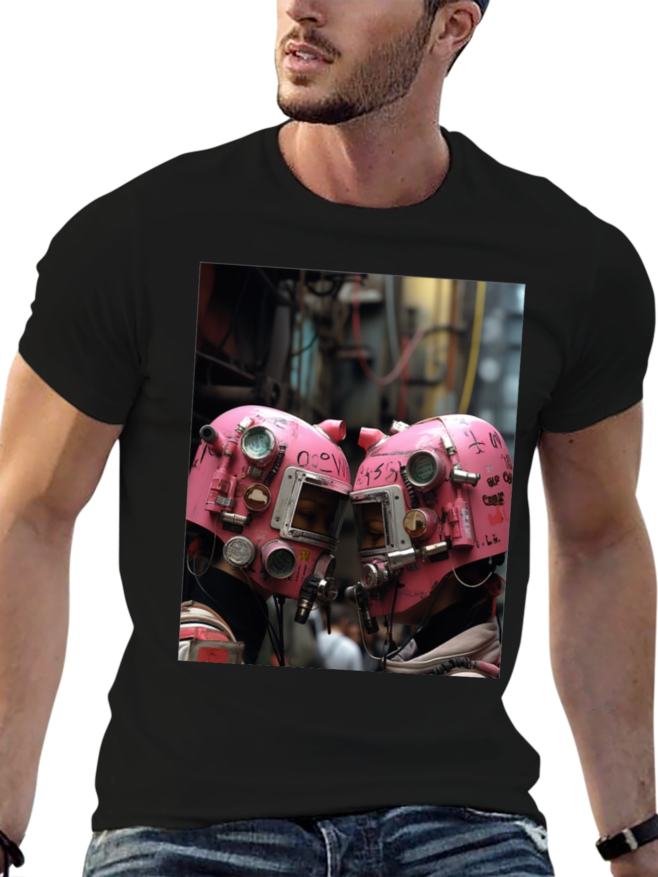 Abstract Pink Helmet Graphic Black Tee
