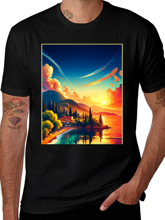 Sunset Lake Graphic Tee - Black Cotton Comfort