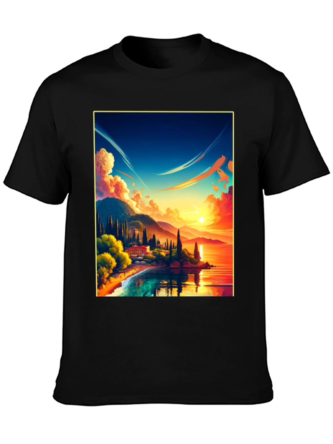 Sunset Lake Graphic Tee - Black Cotton Comfort