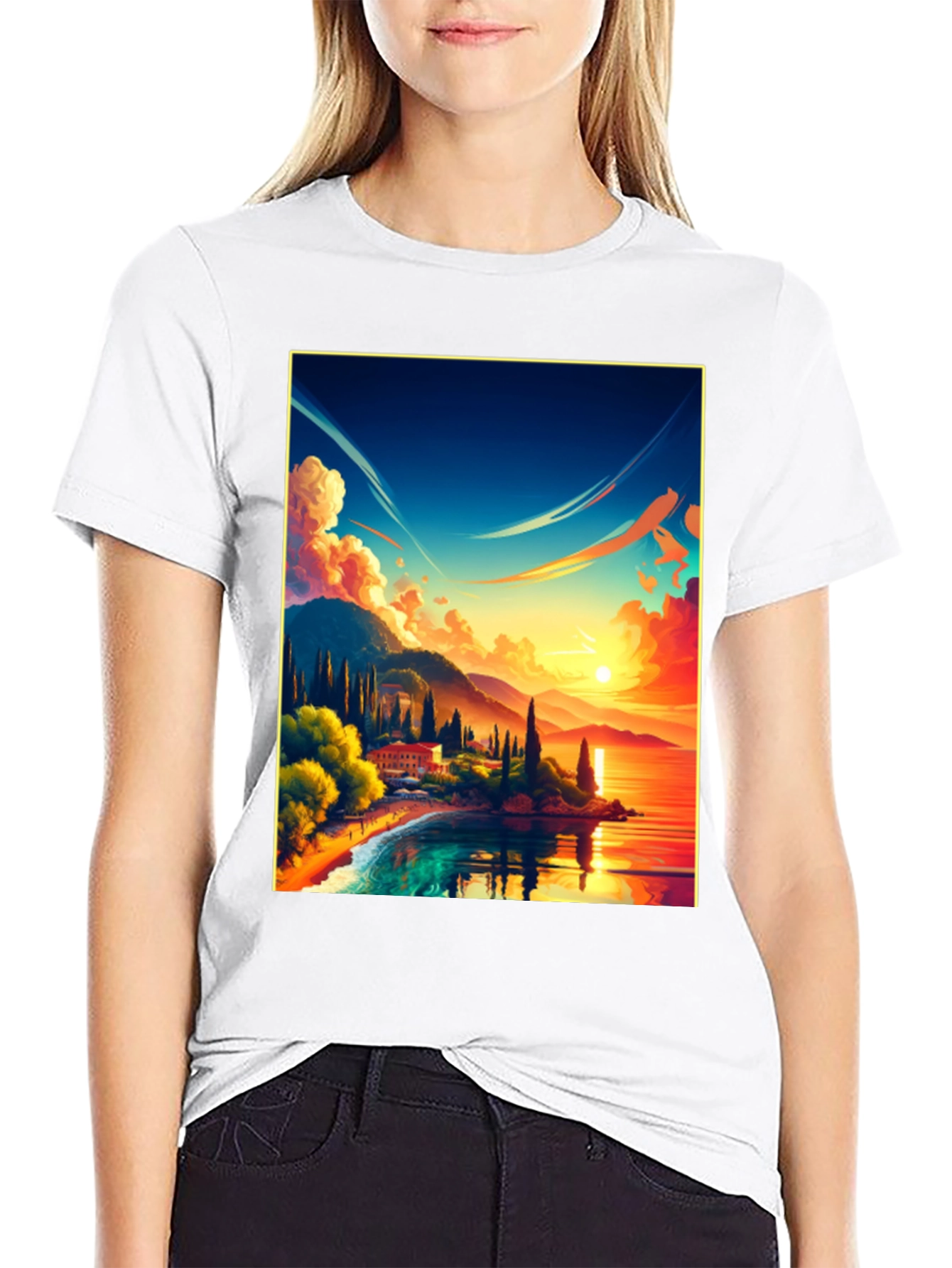 Sunset Lake Graphic Tee - Black Cotton Comfort