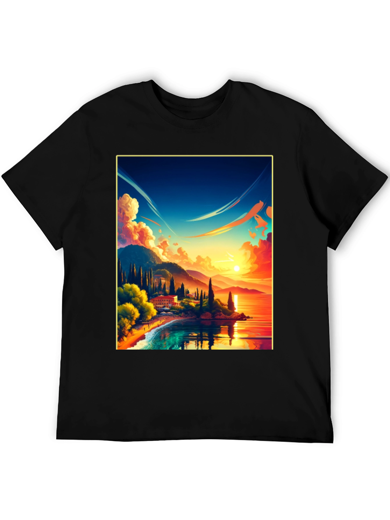 Sunset Lake Graphic Tee - Black Cotton Comfort