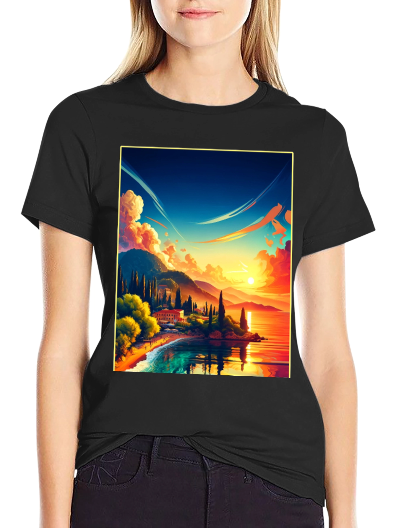 Sunset Lake Graphic Tee - Black Cotton Comfort