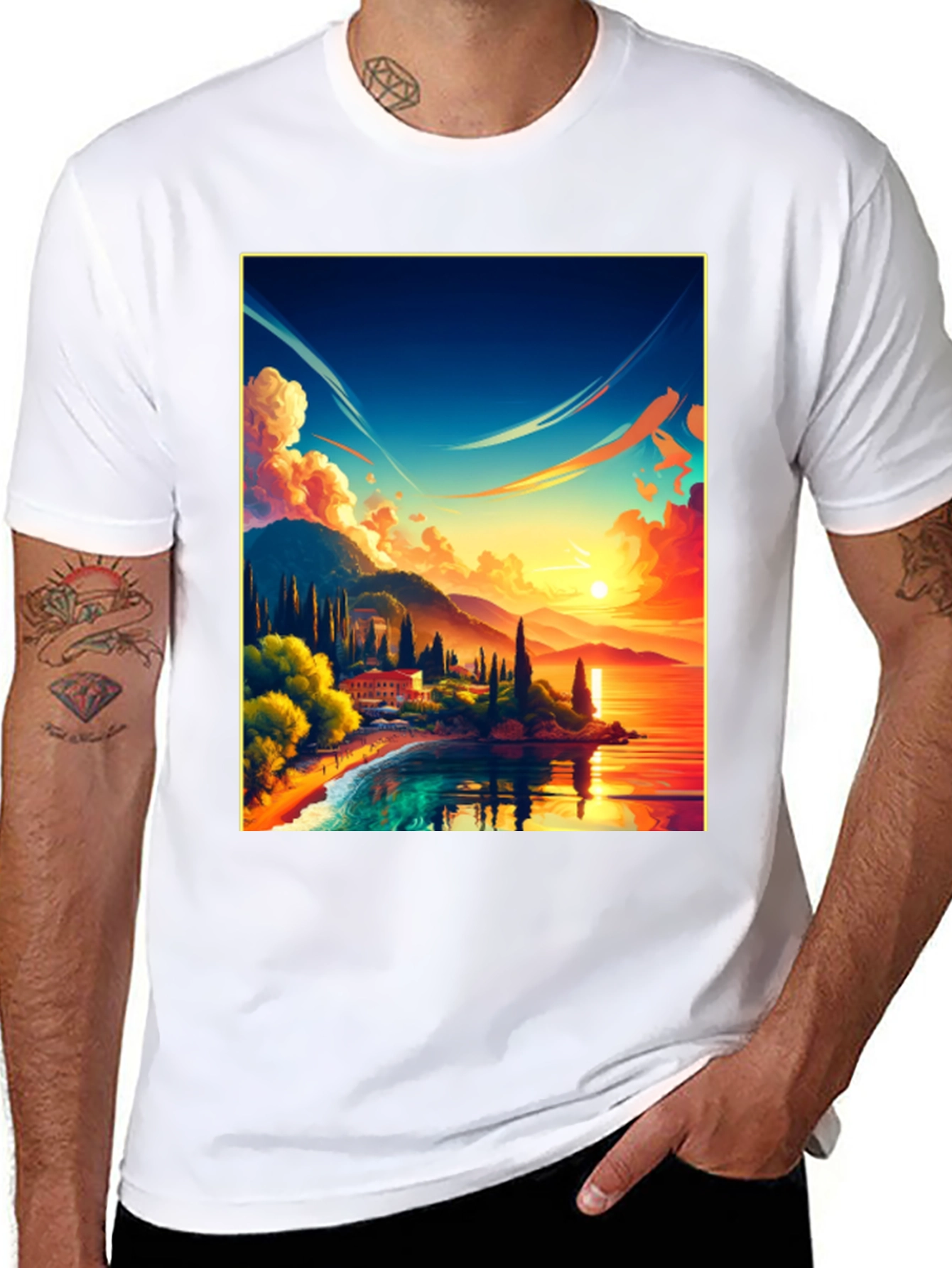 Sunset Lake Graphic Tee - Black Cotton Comfort
