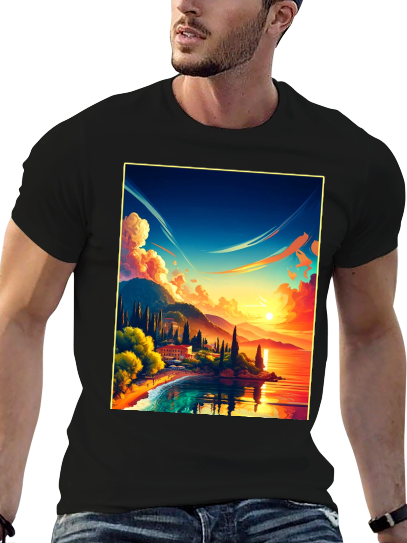 Sunset Lake Graphic Tee - Black Cotton Comfort