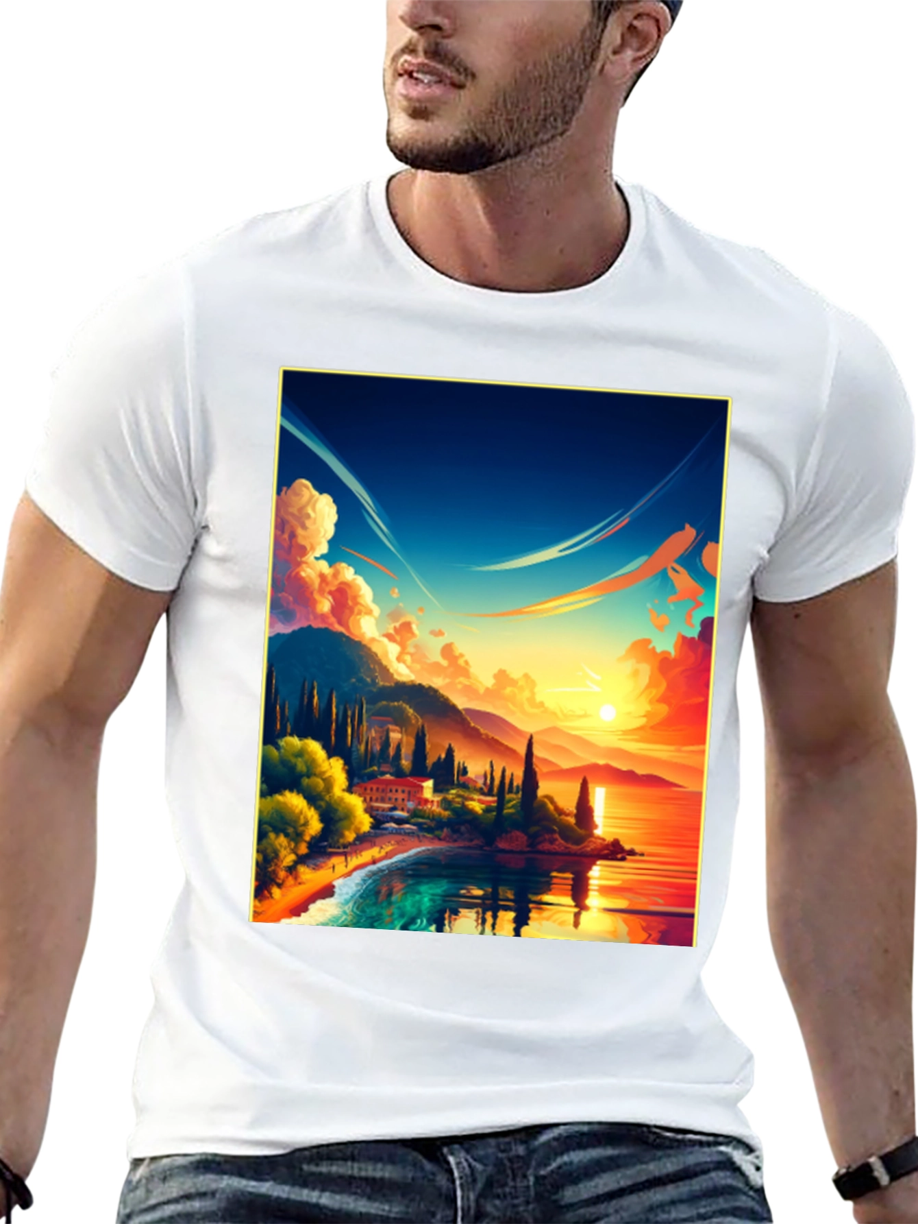 Sunset Lake Graphic Tee - Black Cotton Comfort