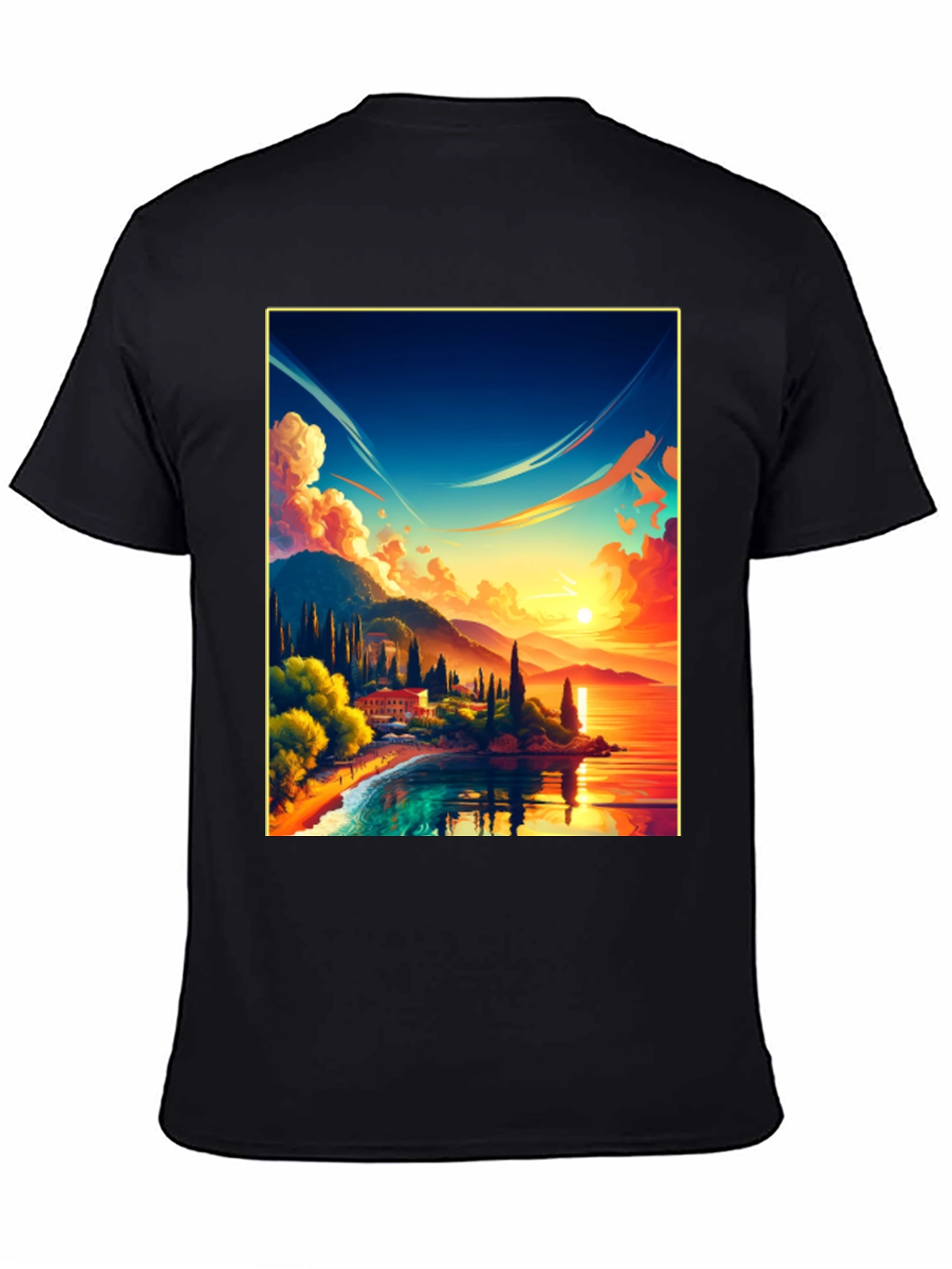 Sunset Lake Graphic Tee - Black Cotton Comfort