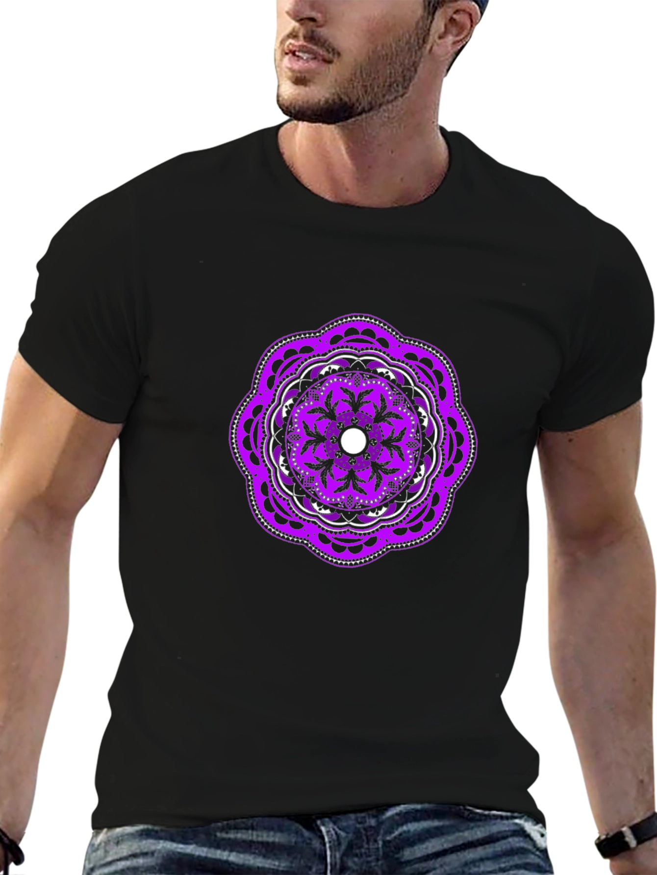 Black Tee with Purple Mandala Graphic