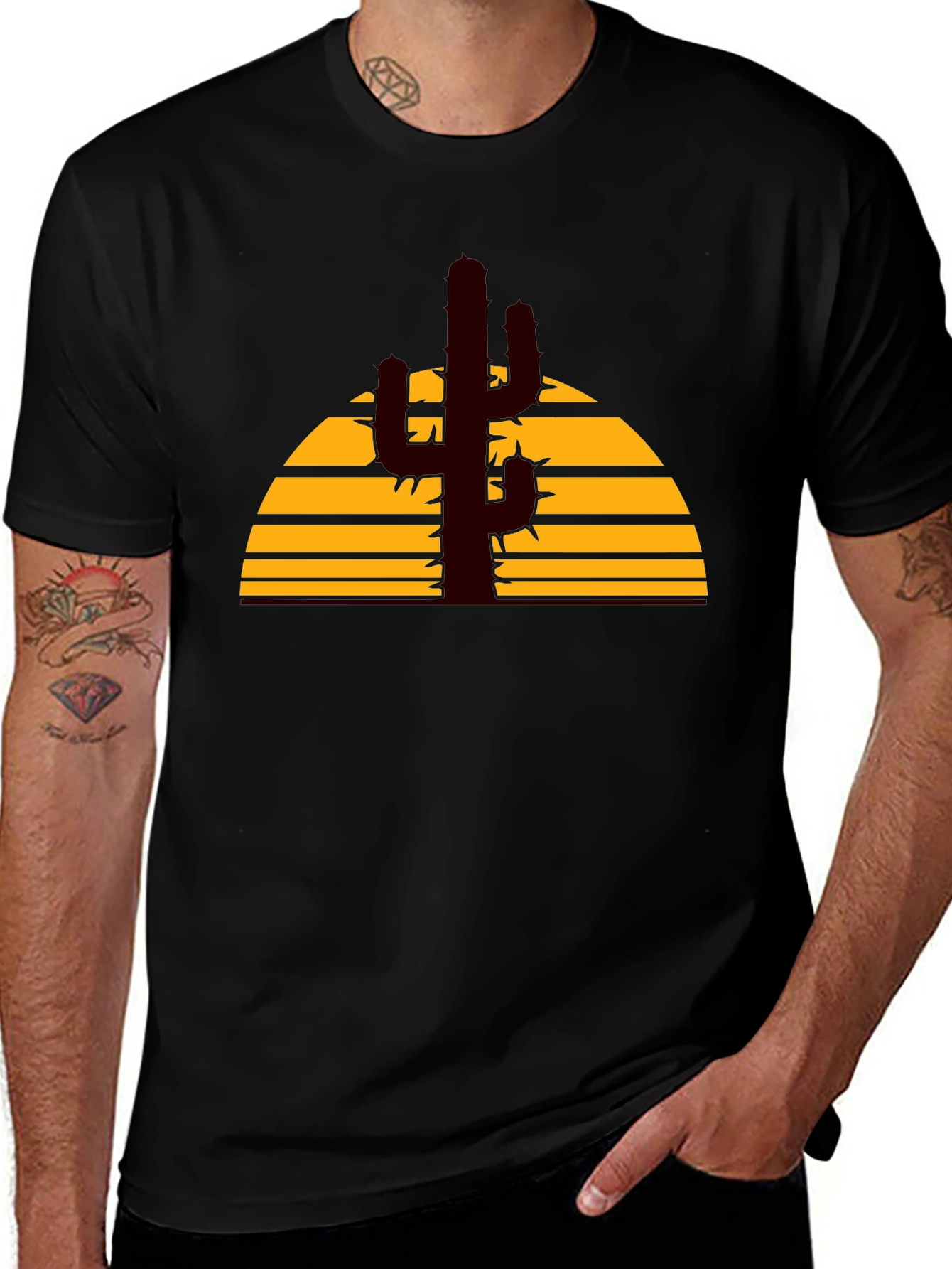 Desert Sunset Cactus Graphic Tee - Black