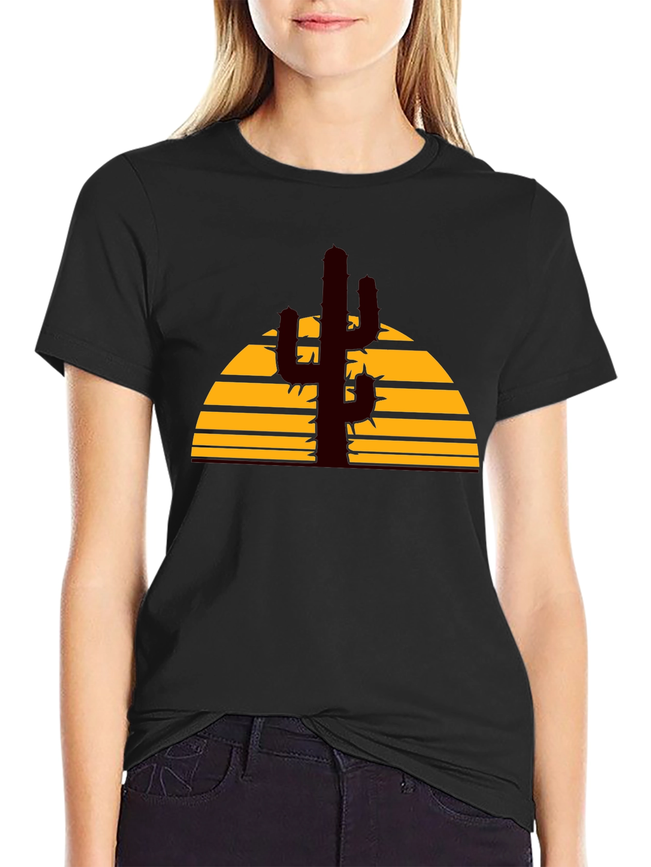 Desert Sunset Cactus Graphic Tee - Black