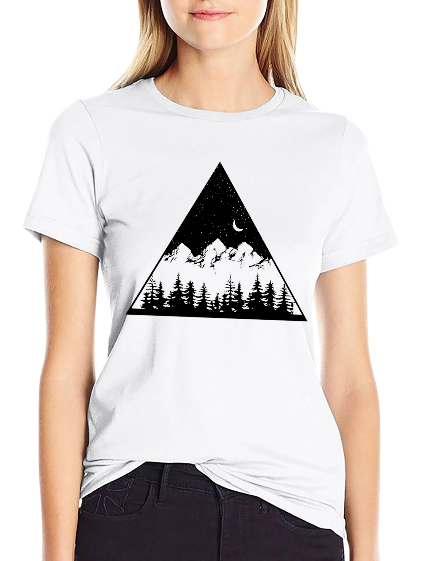 Mountain Scene Graphic Tee - Black Cotton Blend T-Shirt