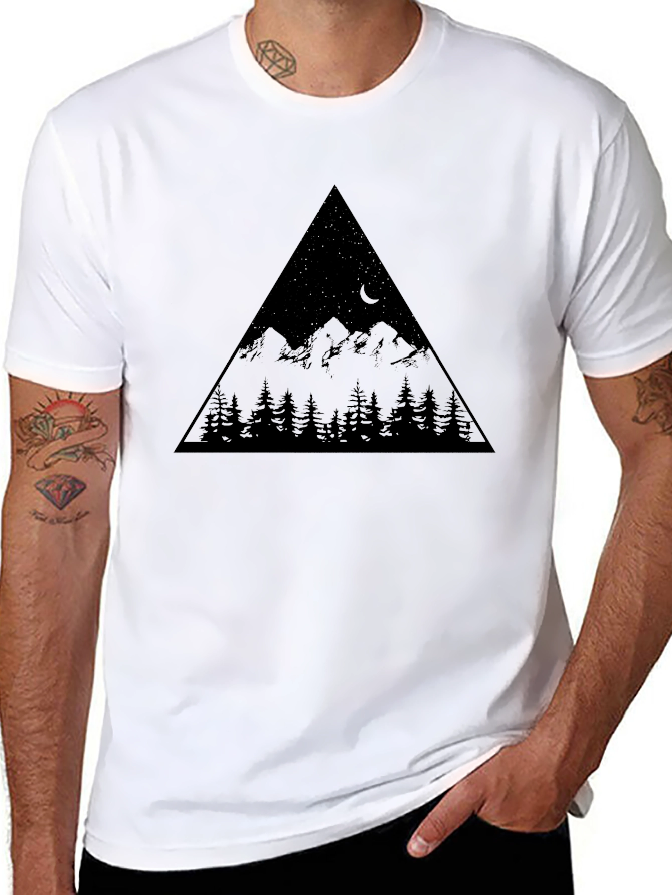Mountain Scene Graphic Tee - Black Cotton Blend T-Shirt