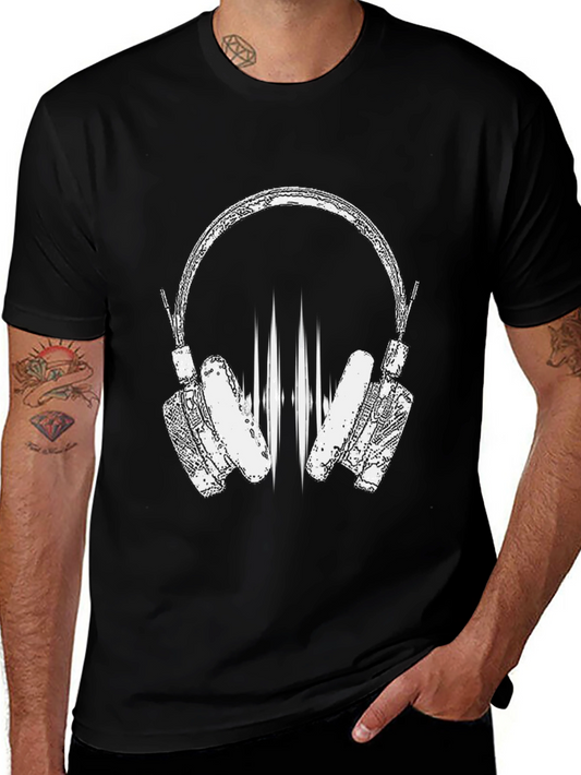 Stylish Black T-Shirt with Headphones Graphic