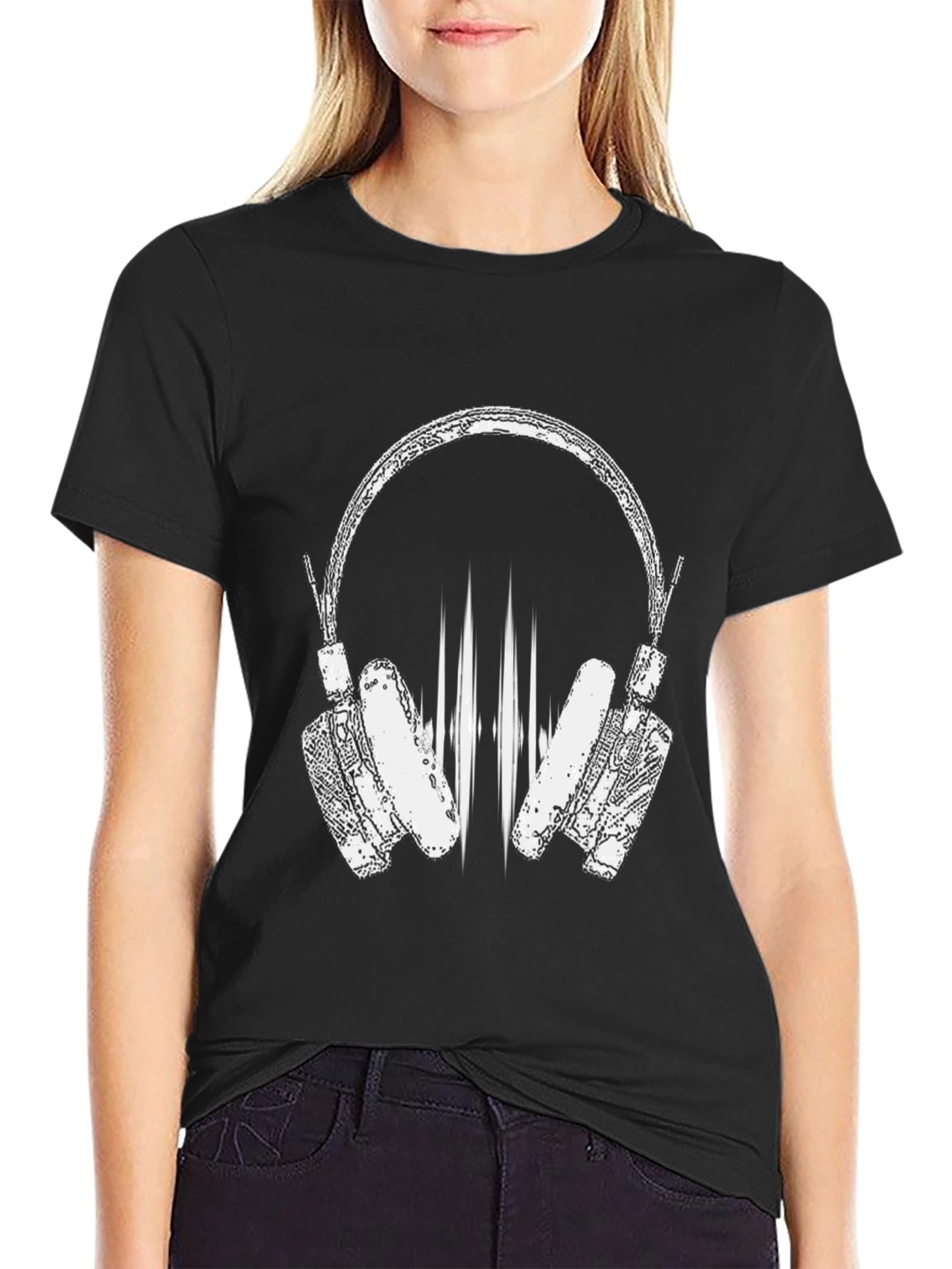 Stylish Black T-Shirt with Headphones Graphic