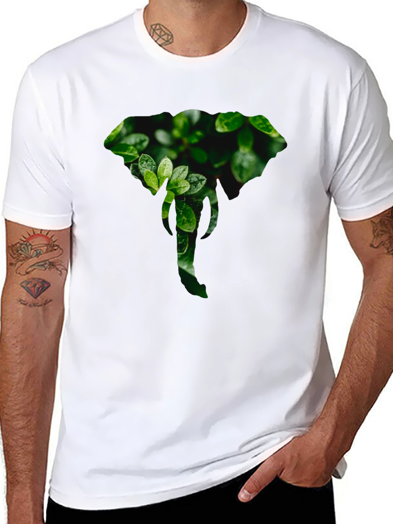 Elephant Leaf Print Black T-Shirt