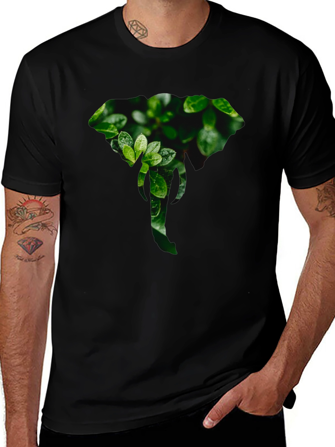 Elephant Leaf Print Black T-Shirt