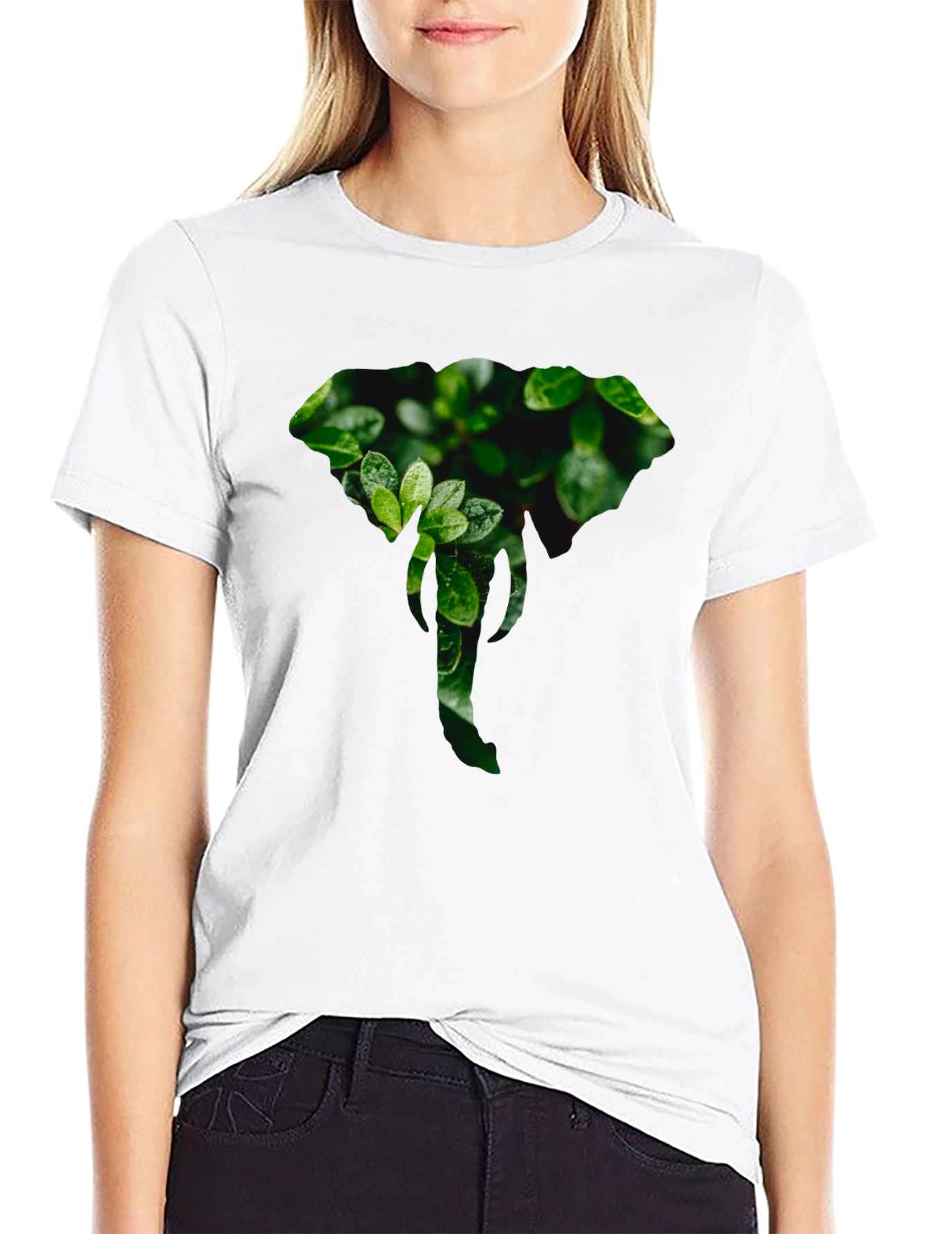 Elephant Leaf Print Black T-Shirt