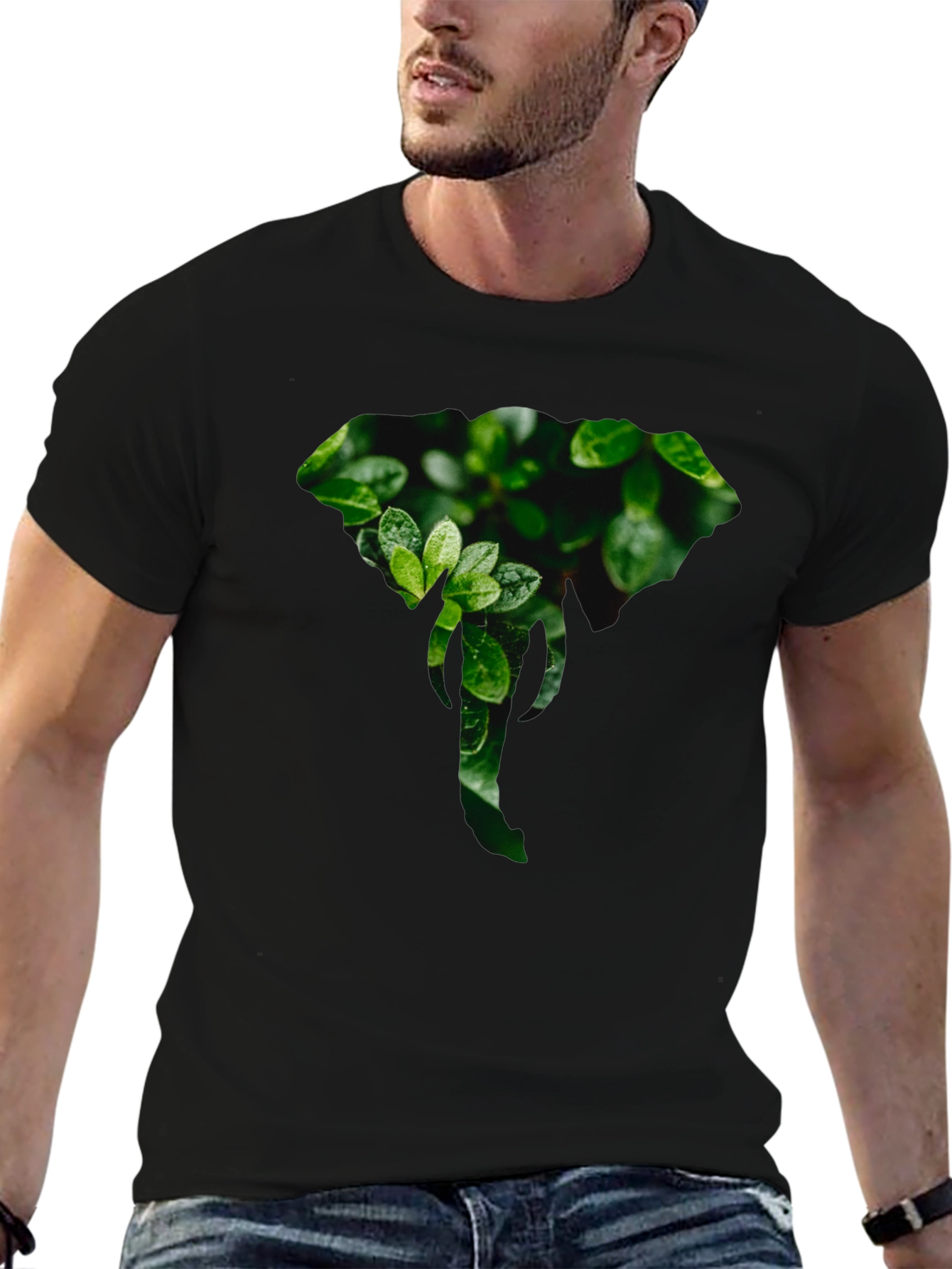 Elephant Leaf Print Black T-Shirt