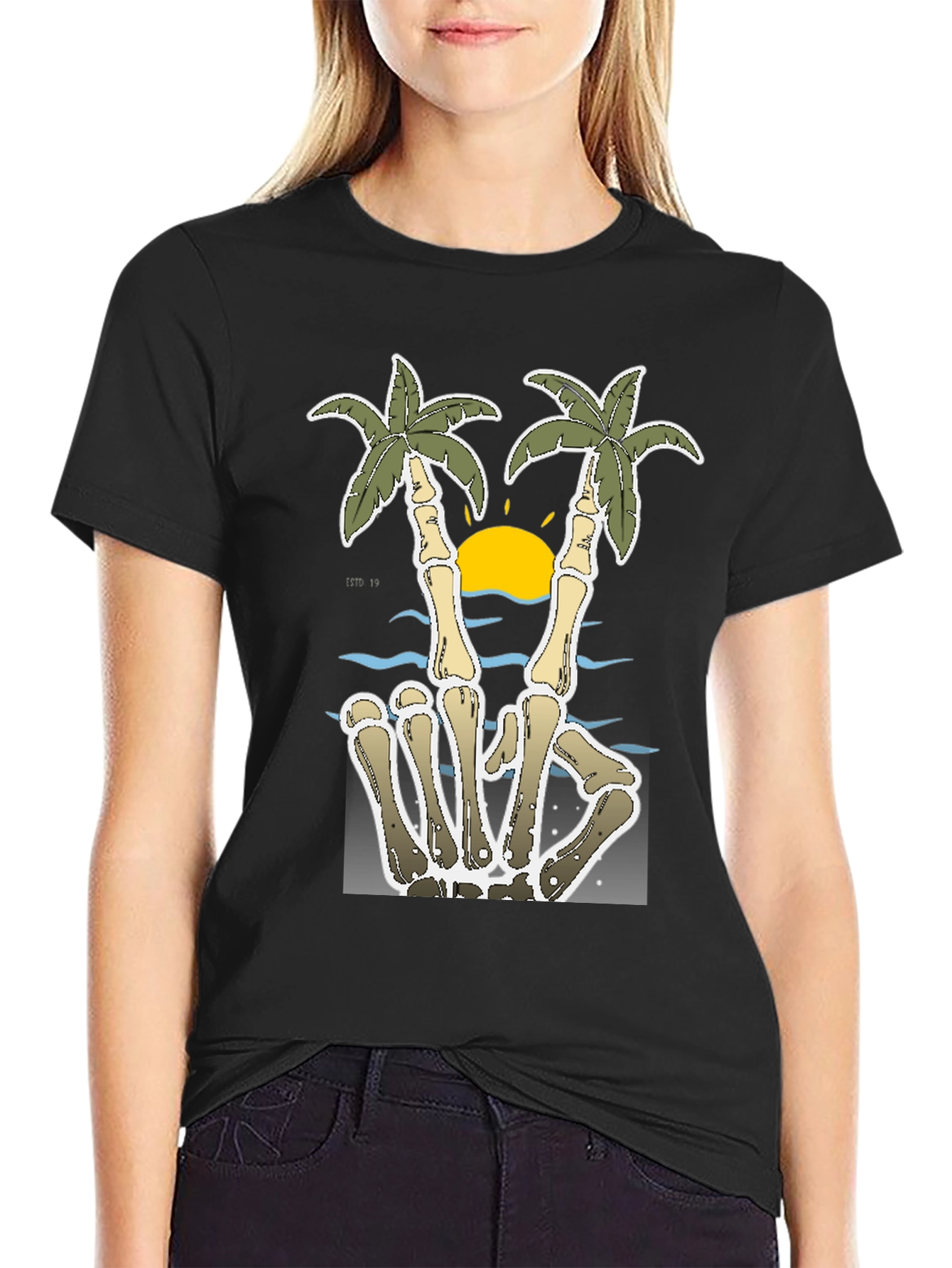 Skeleton Hand Peace Sign Palm Tree T-Shirt