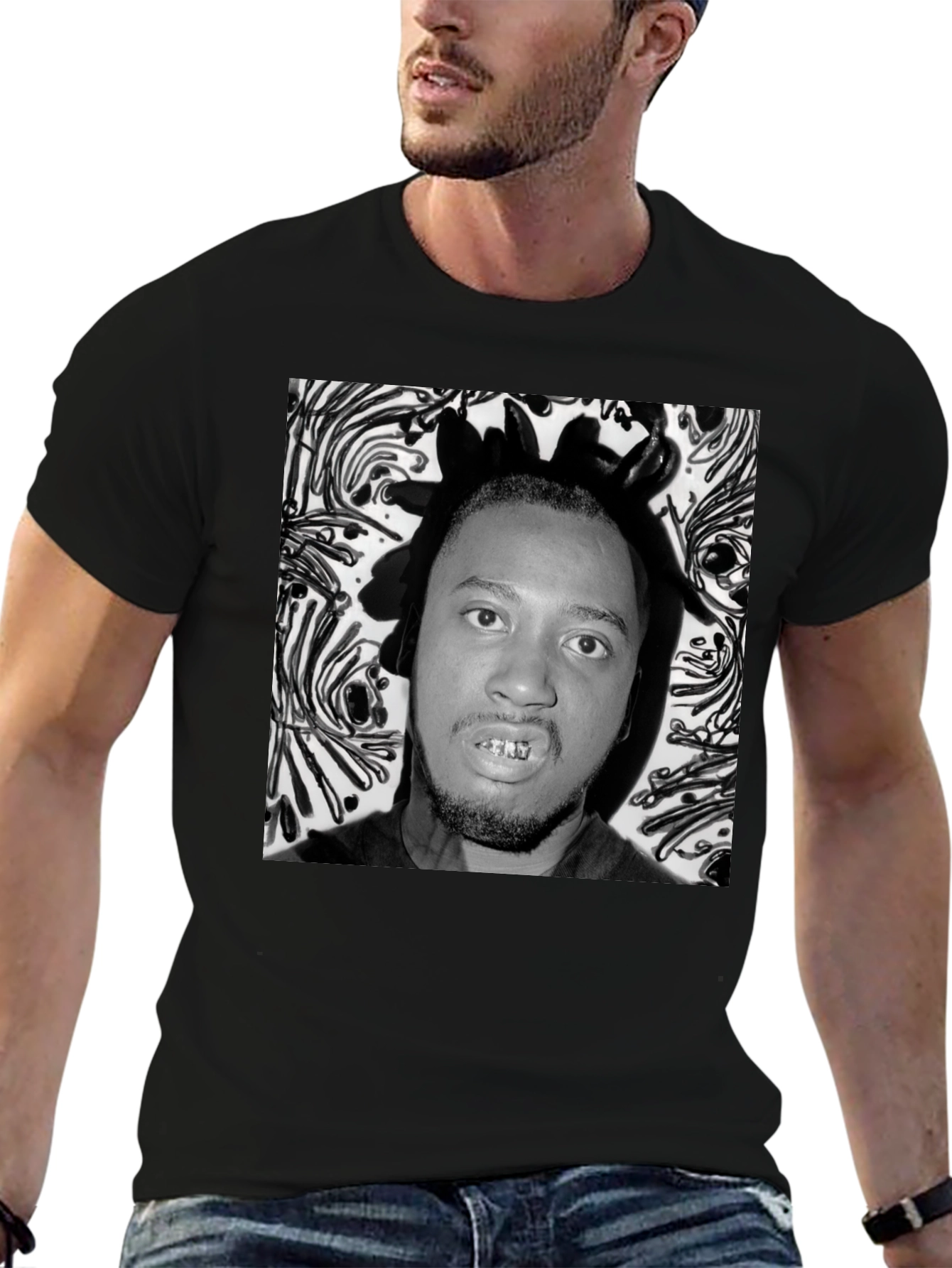 Black Graphic Tee with Portrait Print