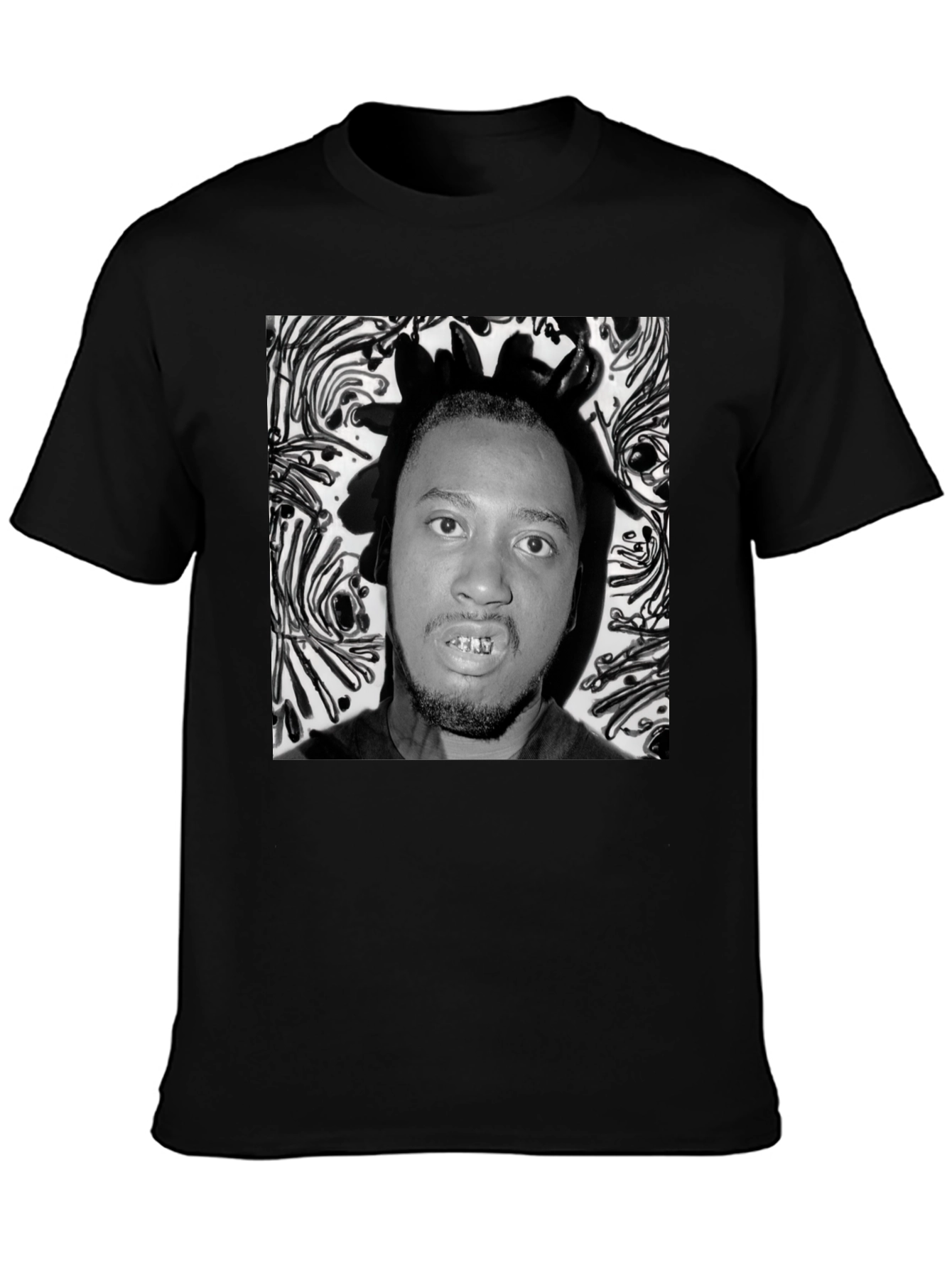 Black Graphic Tee with Portrait Print