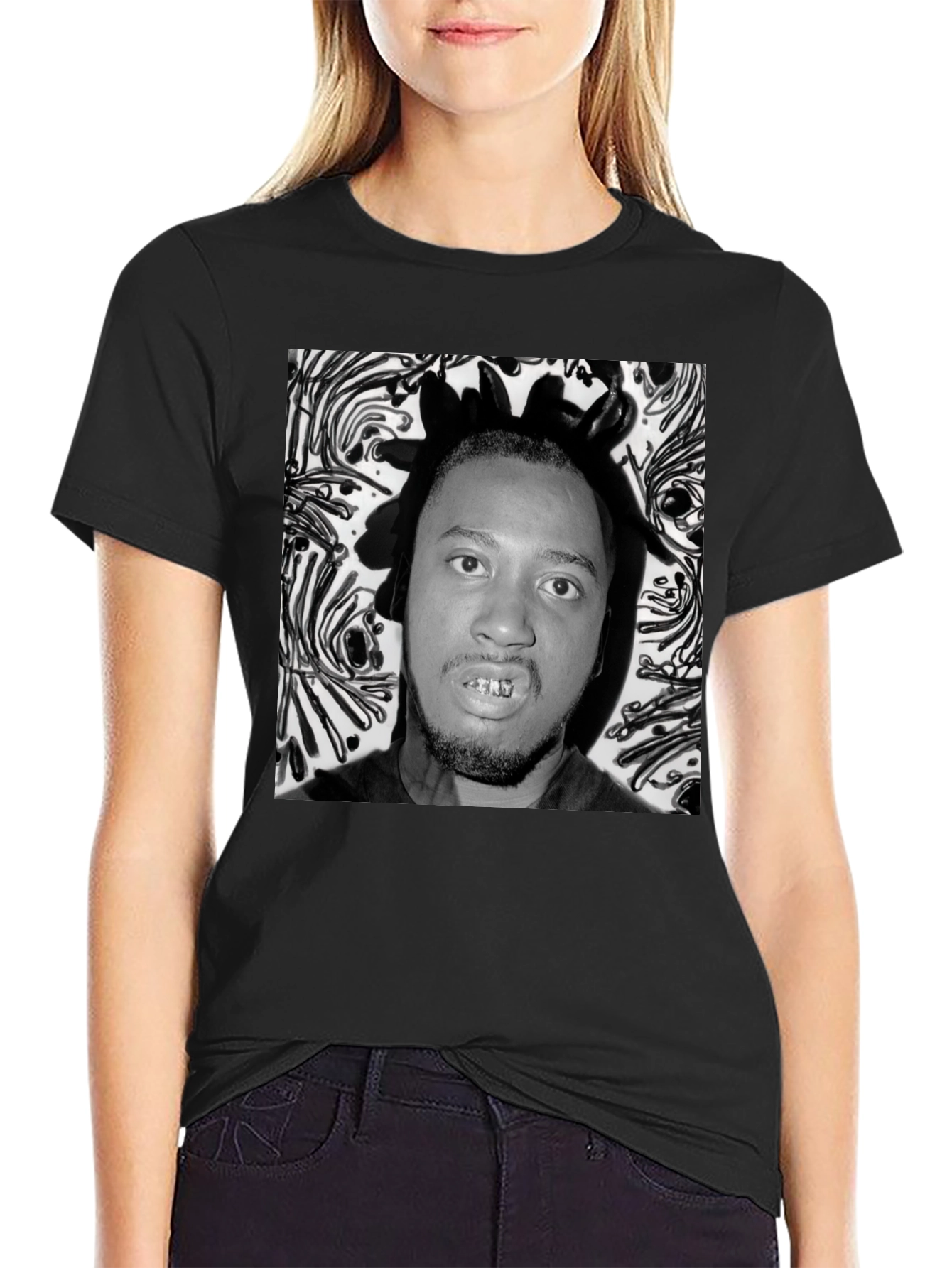 Black Graphic Tee with Portrait Print