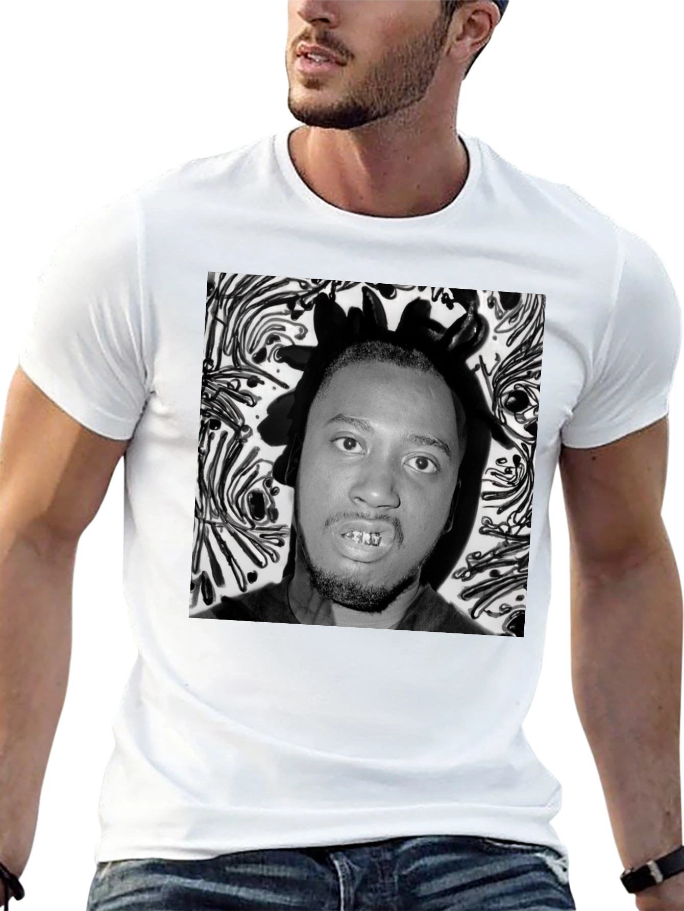 Black Graphic Tee with Portrait Print